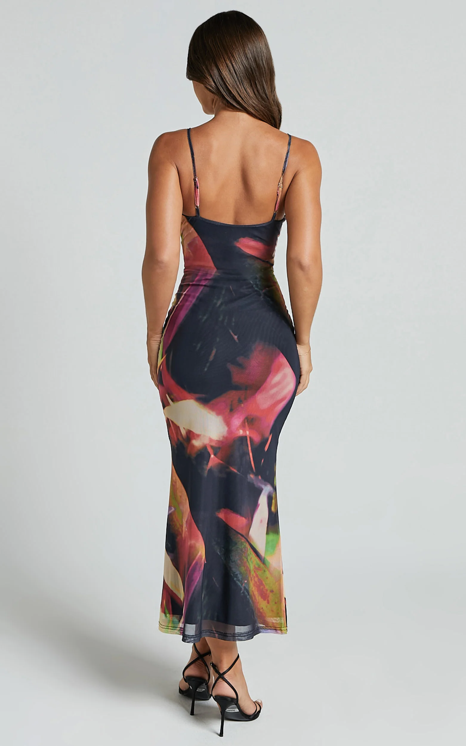 Rashida Midi Dress - V Neck Mesh Printed Dress in Floral Blur