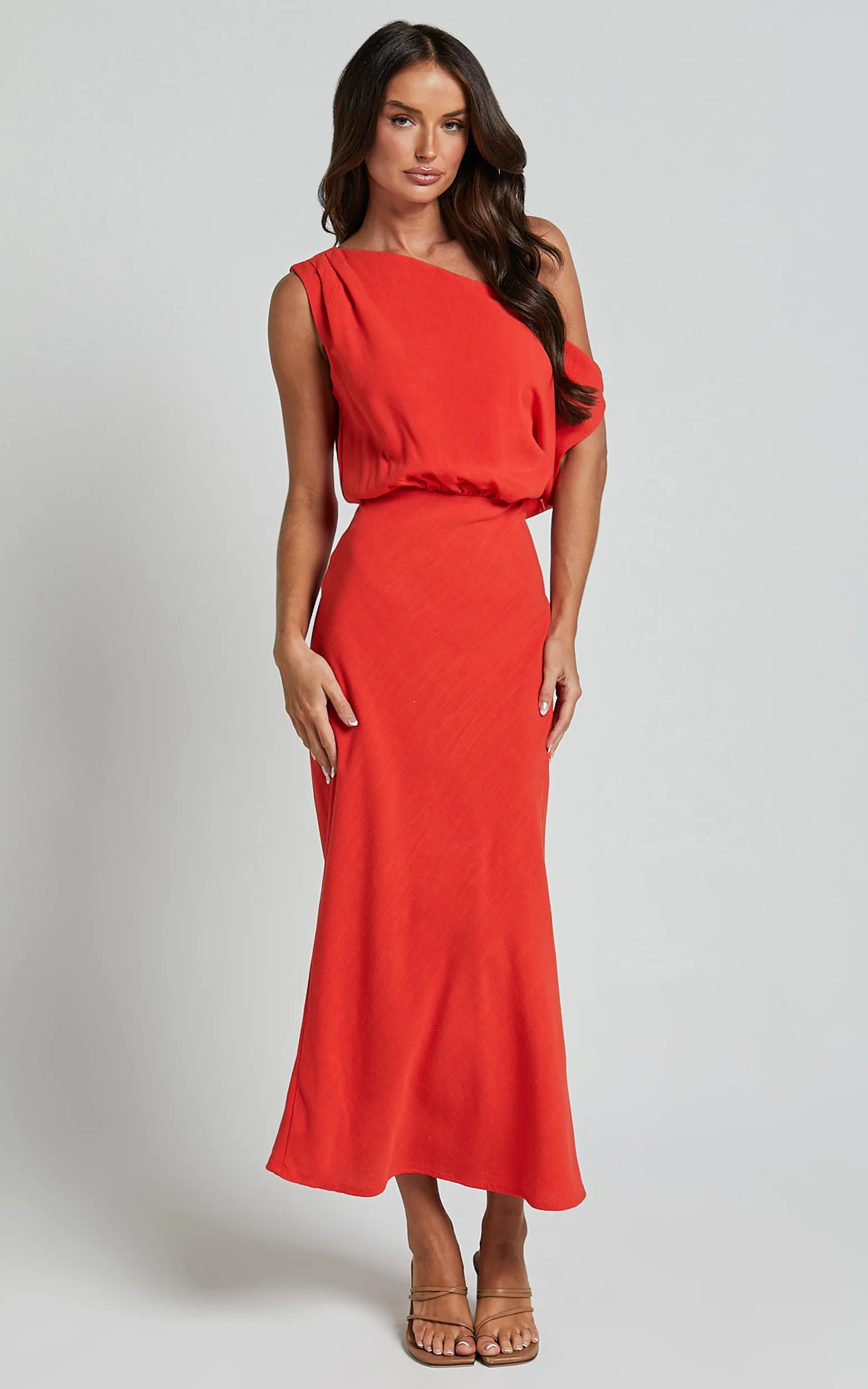 Jacqueline Midi Dress - Linen One Shoulder Dress in Sunset