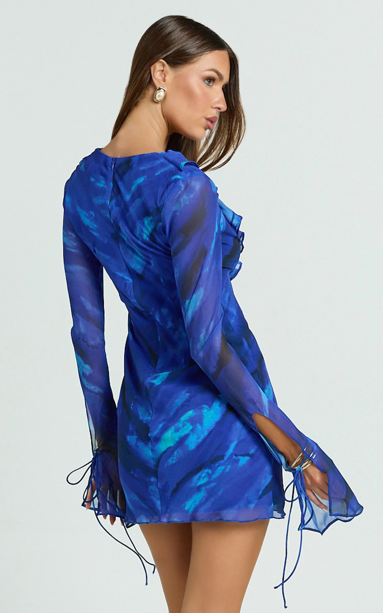 Alesya Mini Dress - Ruffle Plunge Neck Long Sleeve Tie Detail Dress in Blue Abstract
