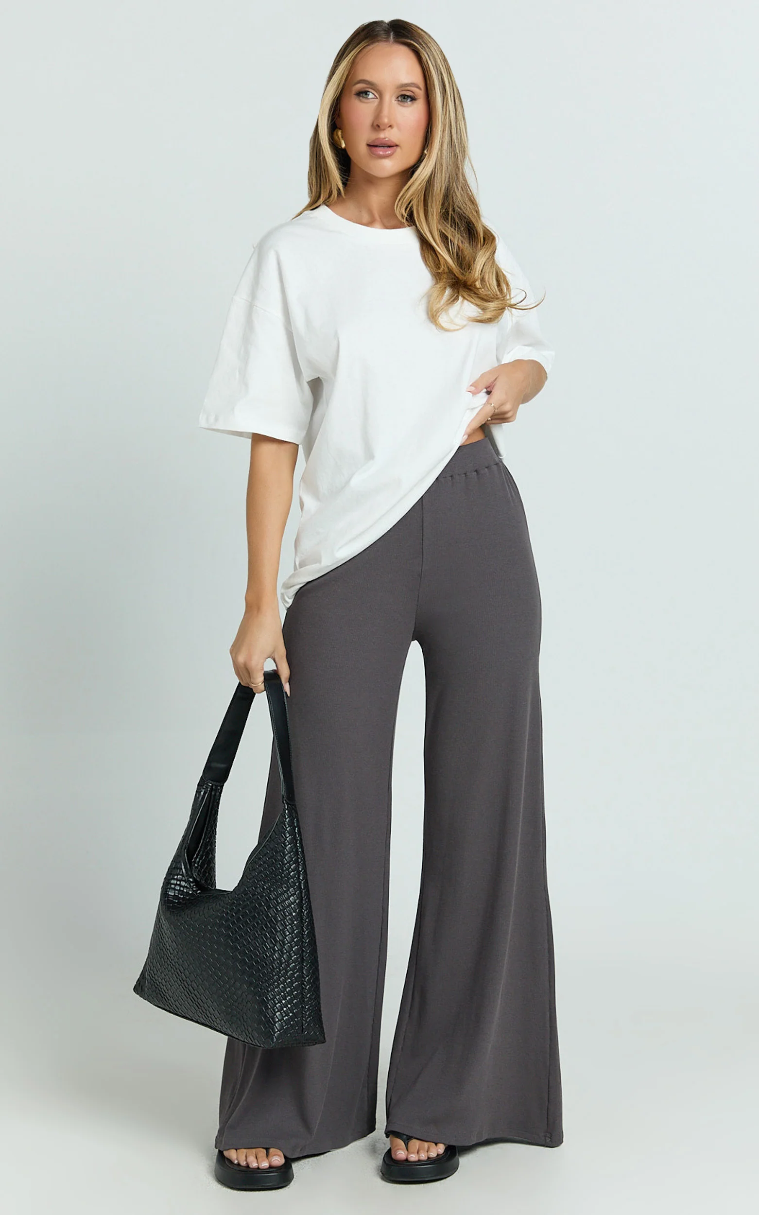 Amalthea Pants - High Waisted Jersey Rib Wide Leg Pants in Charcoal