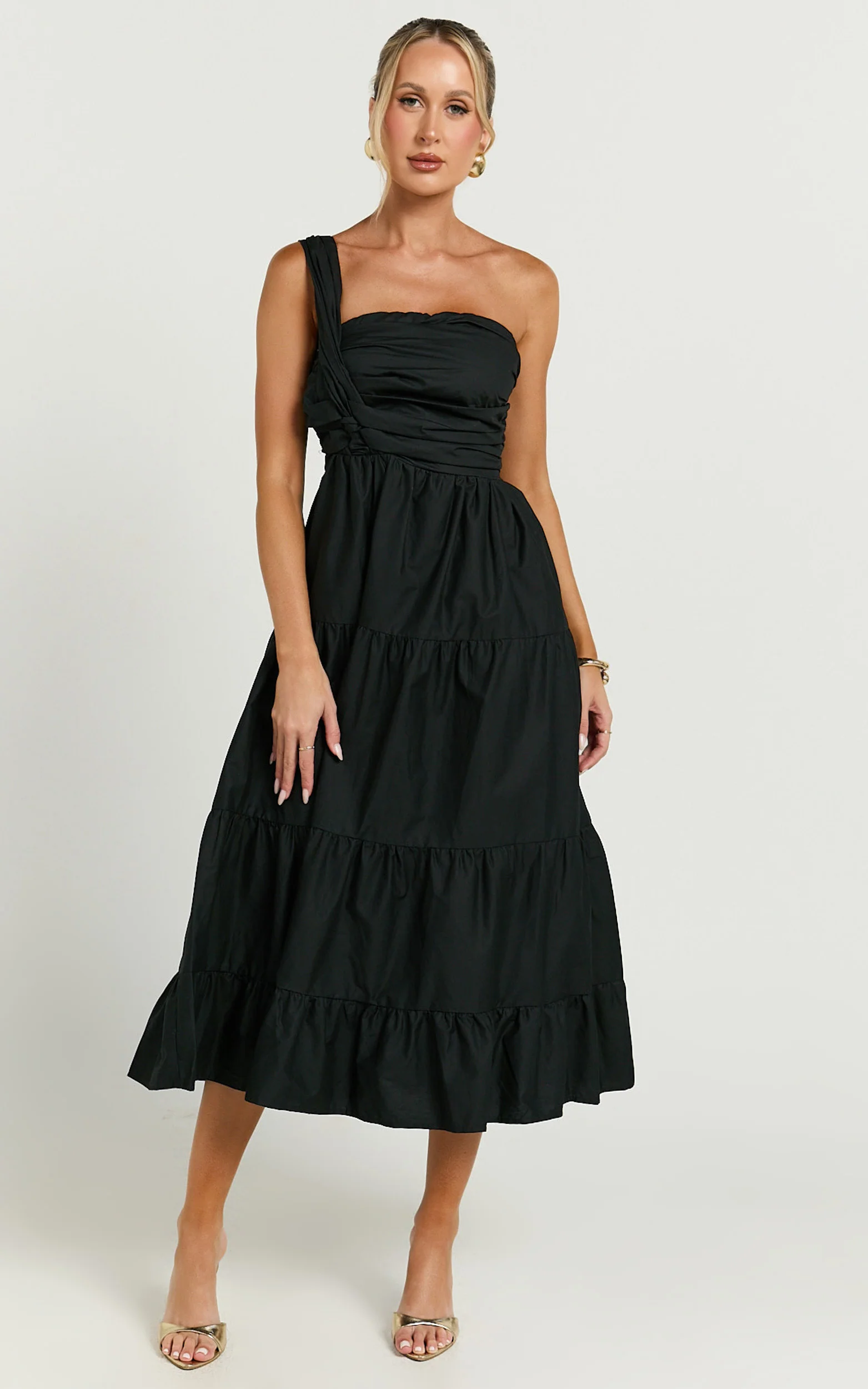Stephanie Midi Dress - One Shoulder Tiered Midi Dress in Black
