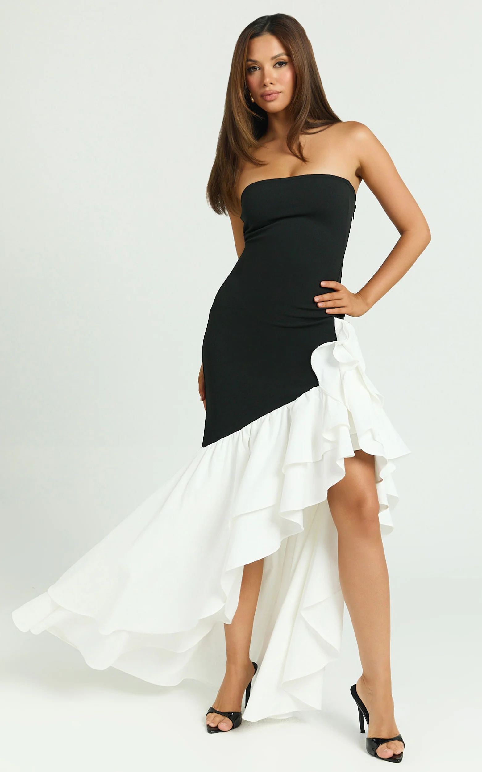 Deeyah Maxi Dress - Strapless Ruffle Detail Dress in Black & White