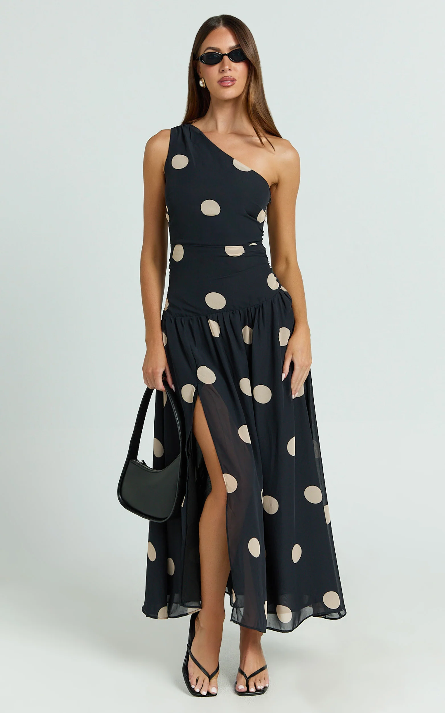 Darlynne Midi Dress - One Shoulder Dress in Black Polkadot