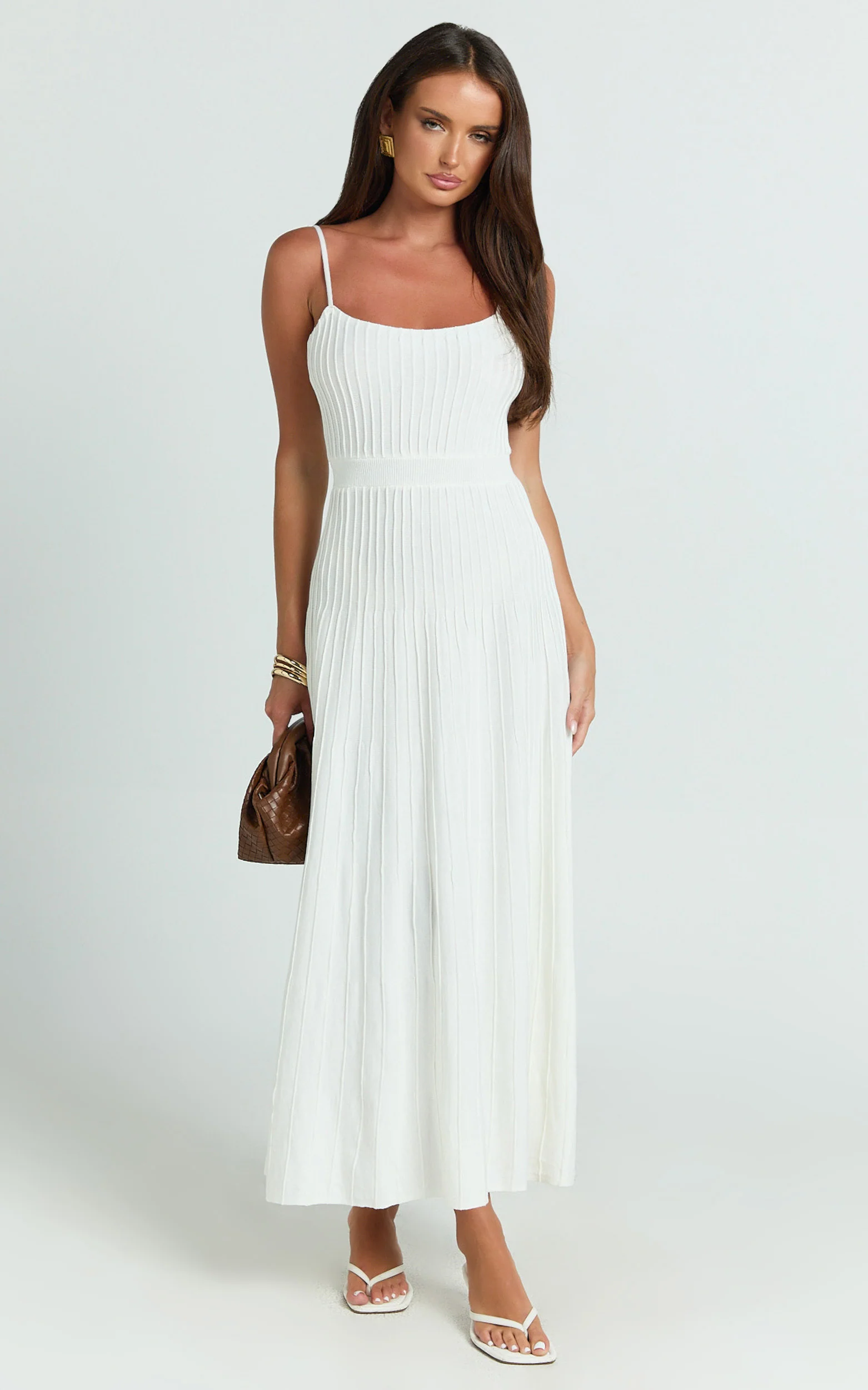 Donissa Midi Dress - Panelled Knit Dress in White