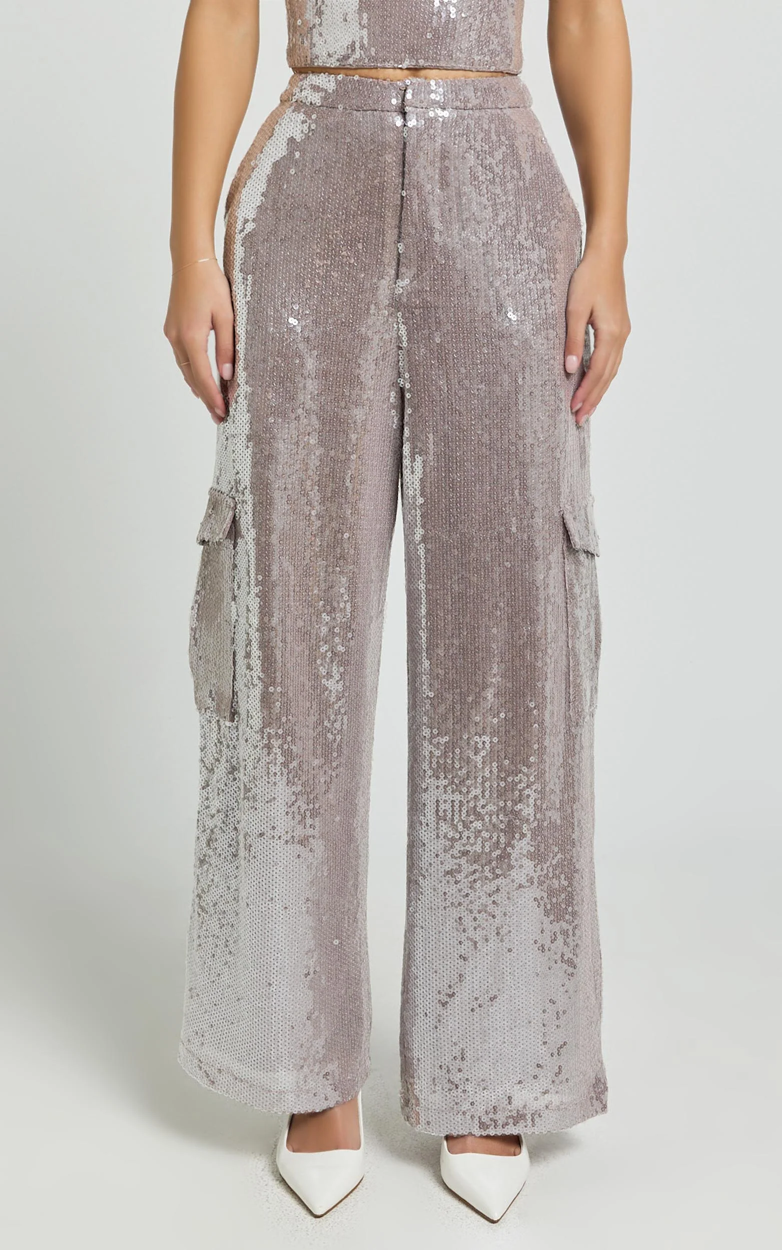 Tricia Pants - Mid Waist Cargo Pocket Sequin Pants in Grey