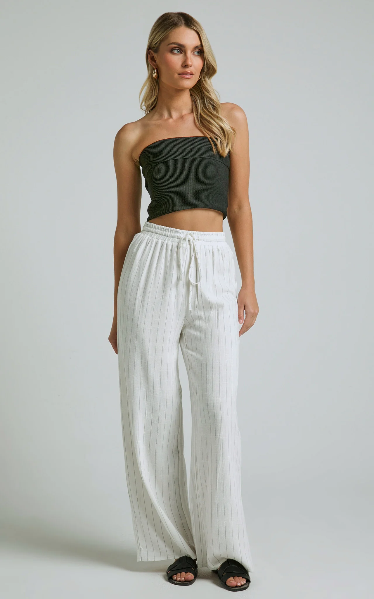 Barbra Pants - Pinstripe Linen High Waisted Relaxed Pants in White Stripe