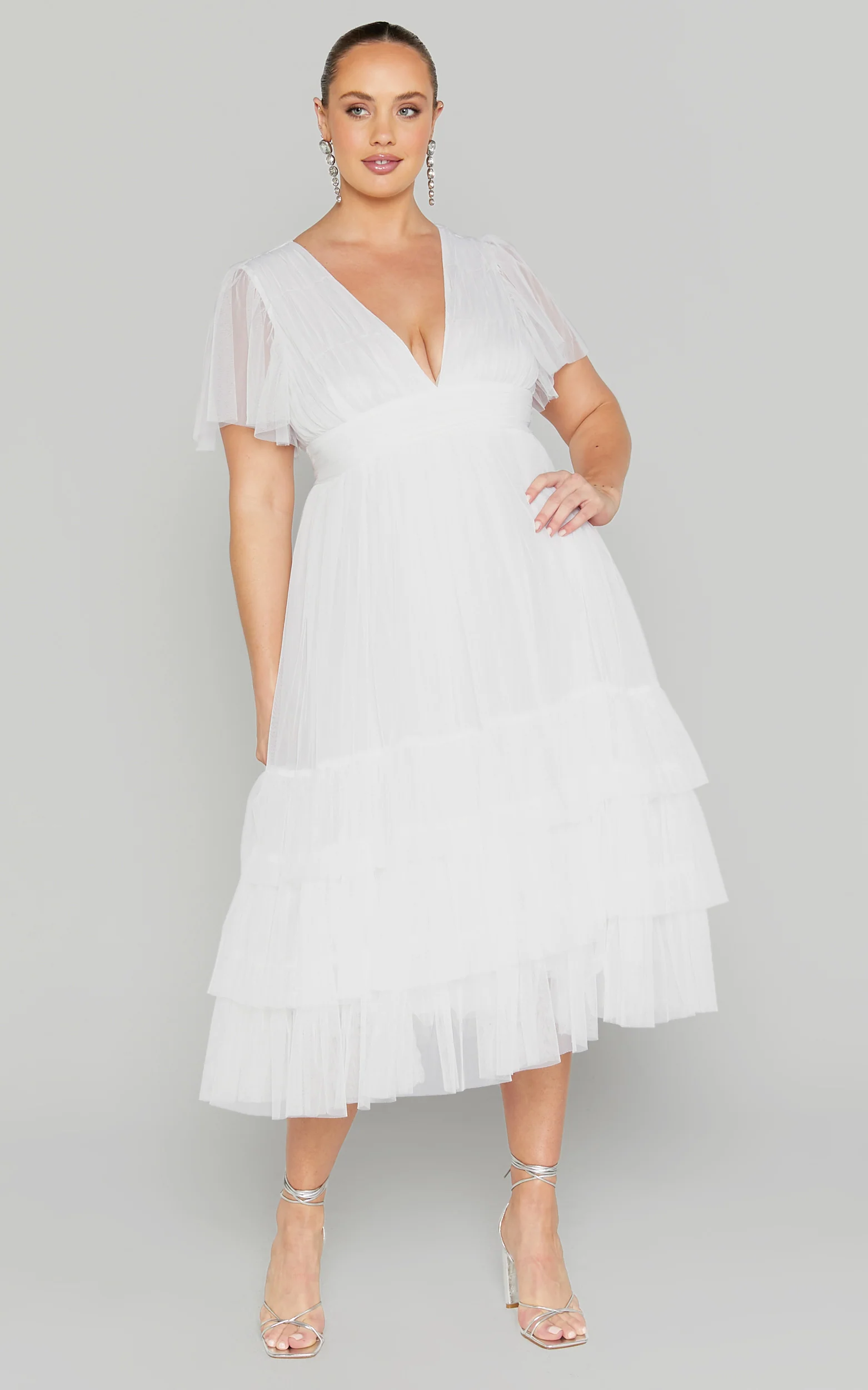 Jiraye Midi Dress - Flutter Sleeve Tuelle Plunge Dress in White