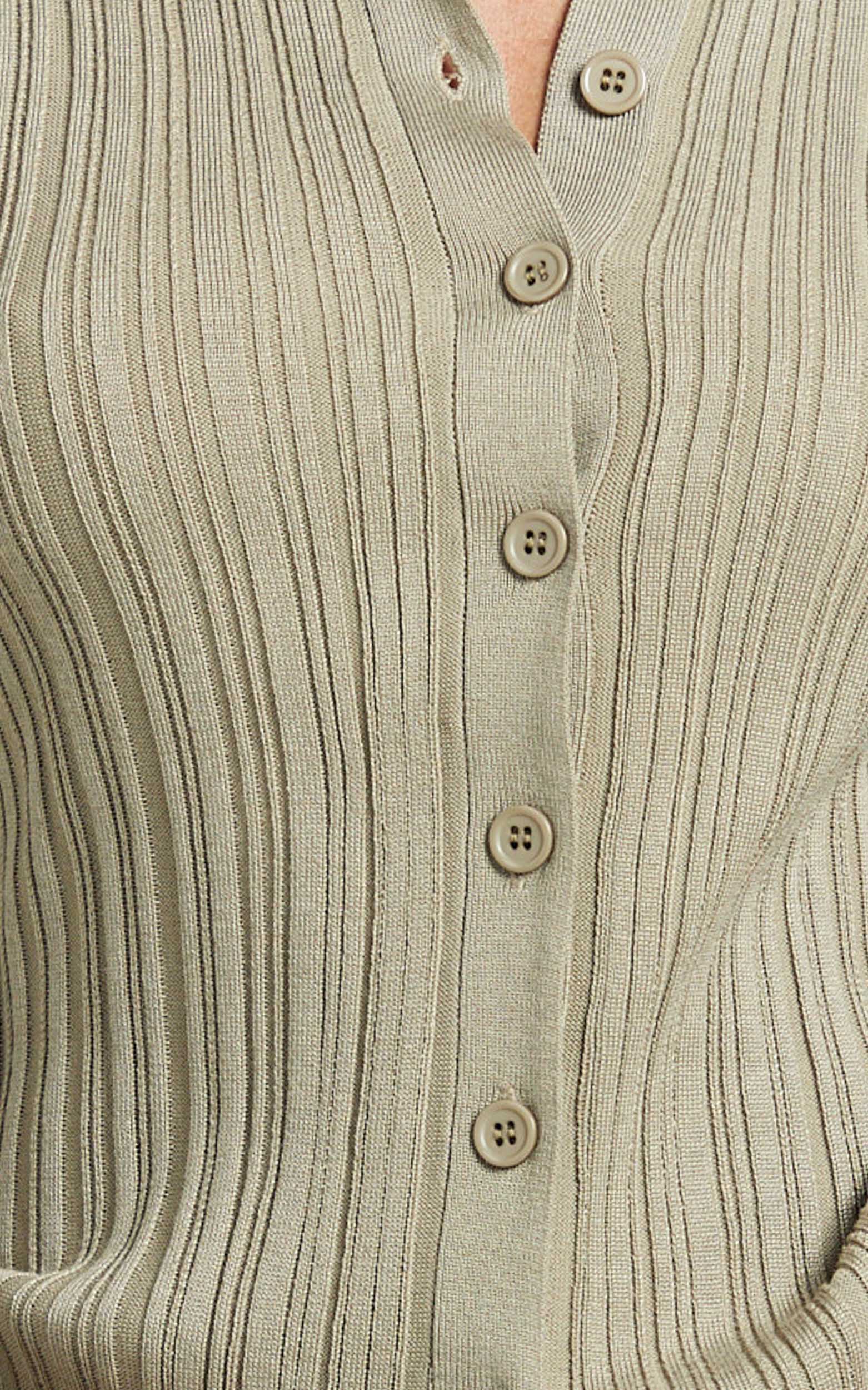 Kelsey Top - Button Through Long Sleeve Knitted Top in Taupe