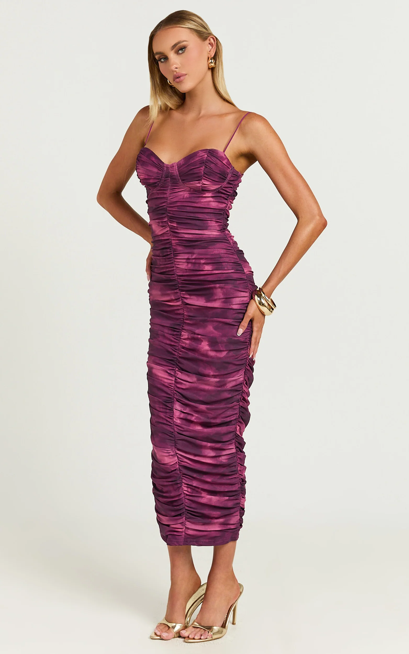 Leanor Midi Dress - Mesh Ruched Bustier Bodycon Dress in Purple Fields