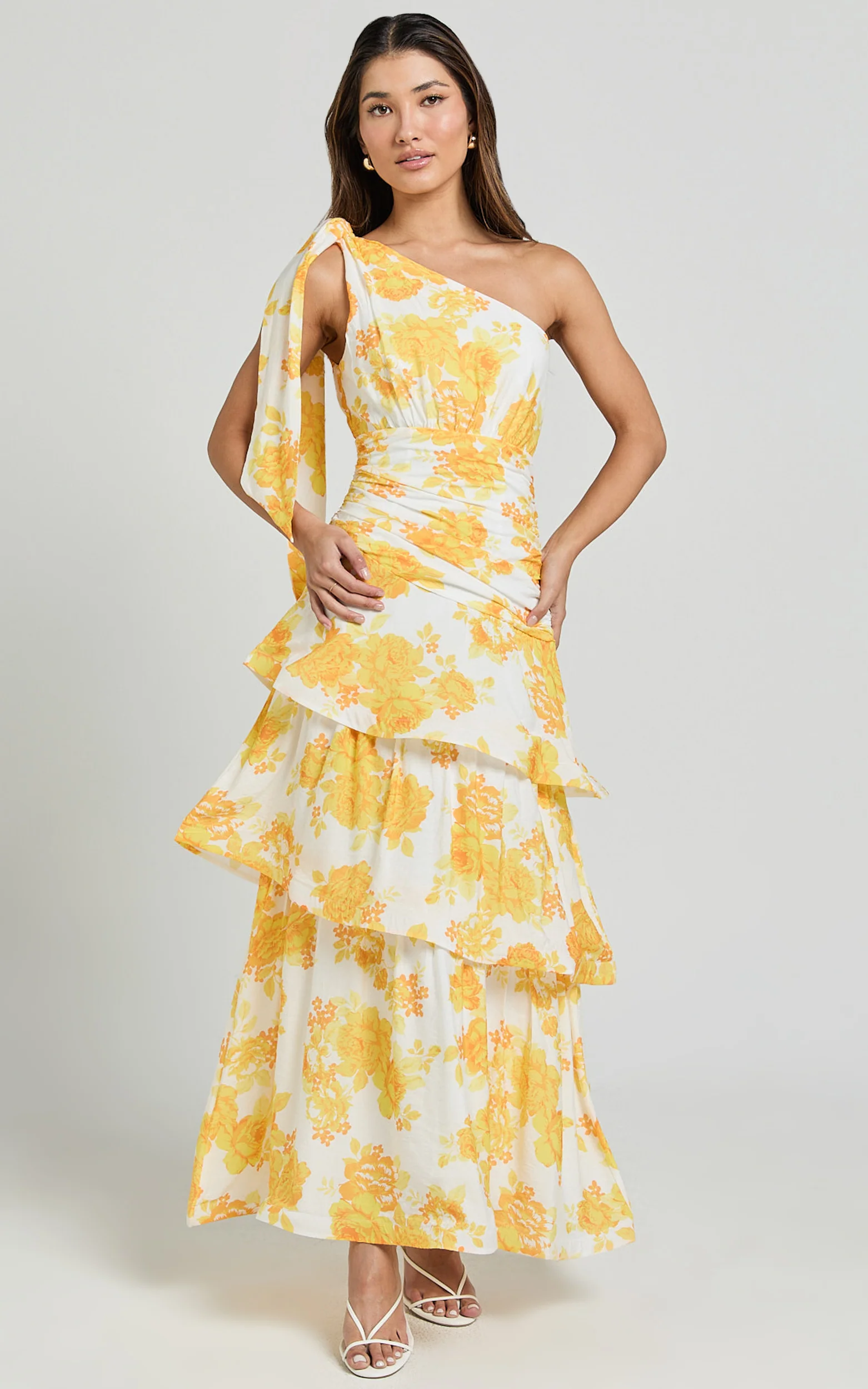 Krissy Midi Dress - Asymmetrical Tie Shoulder Layered Dress in Yellow Floral