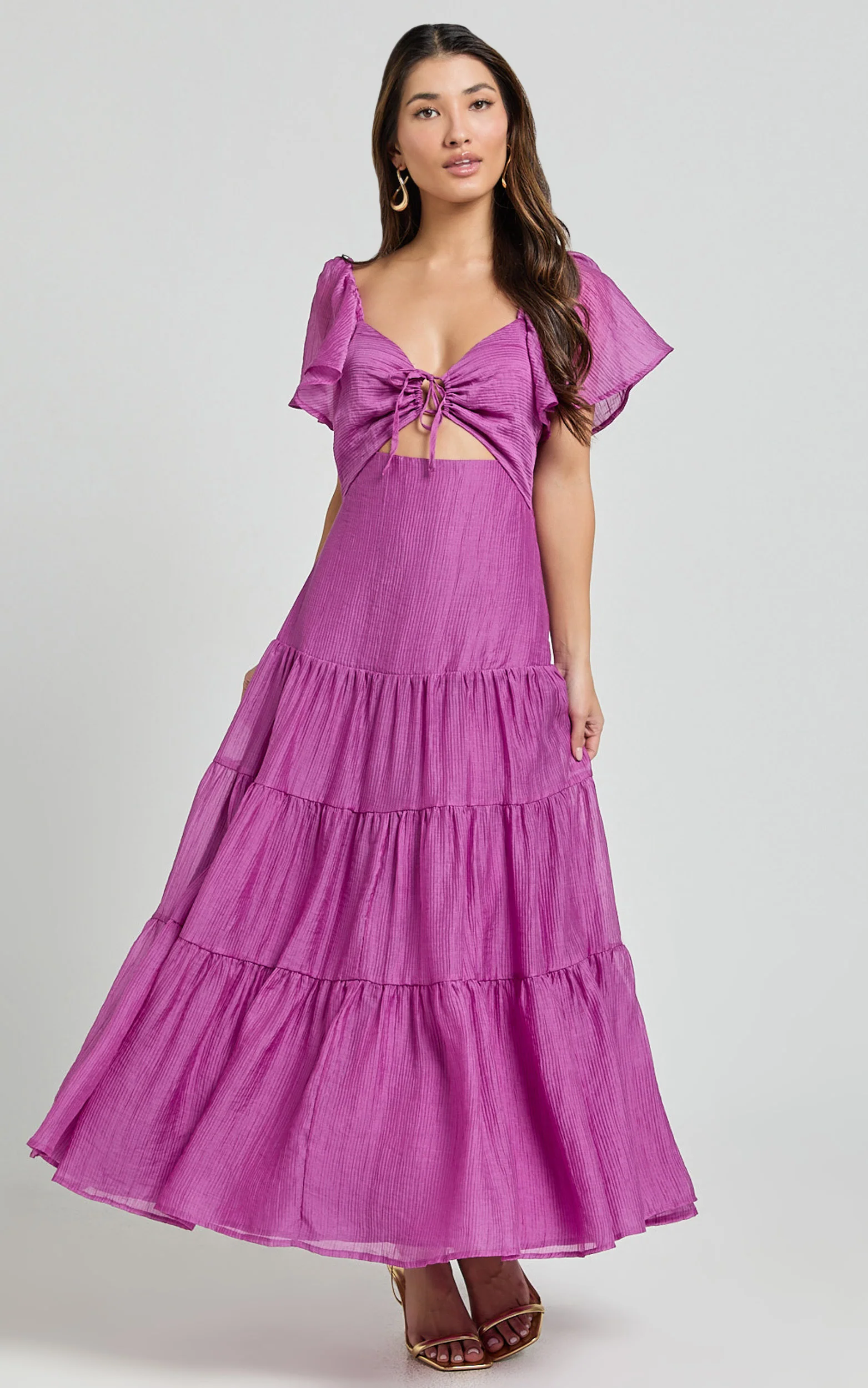Patricia Midi Dress - Flutter Sleeve Tie Front Tiered Dress in Orchid