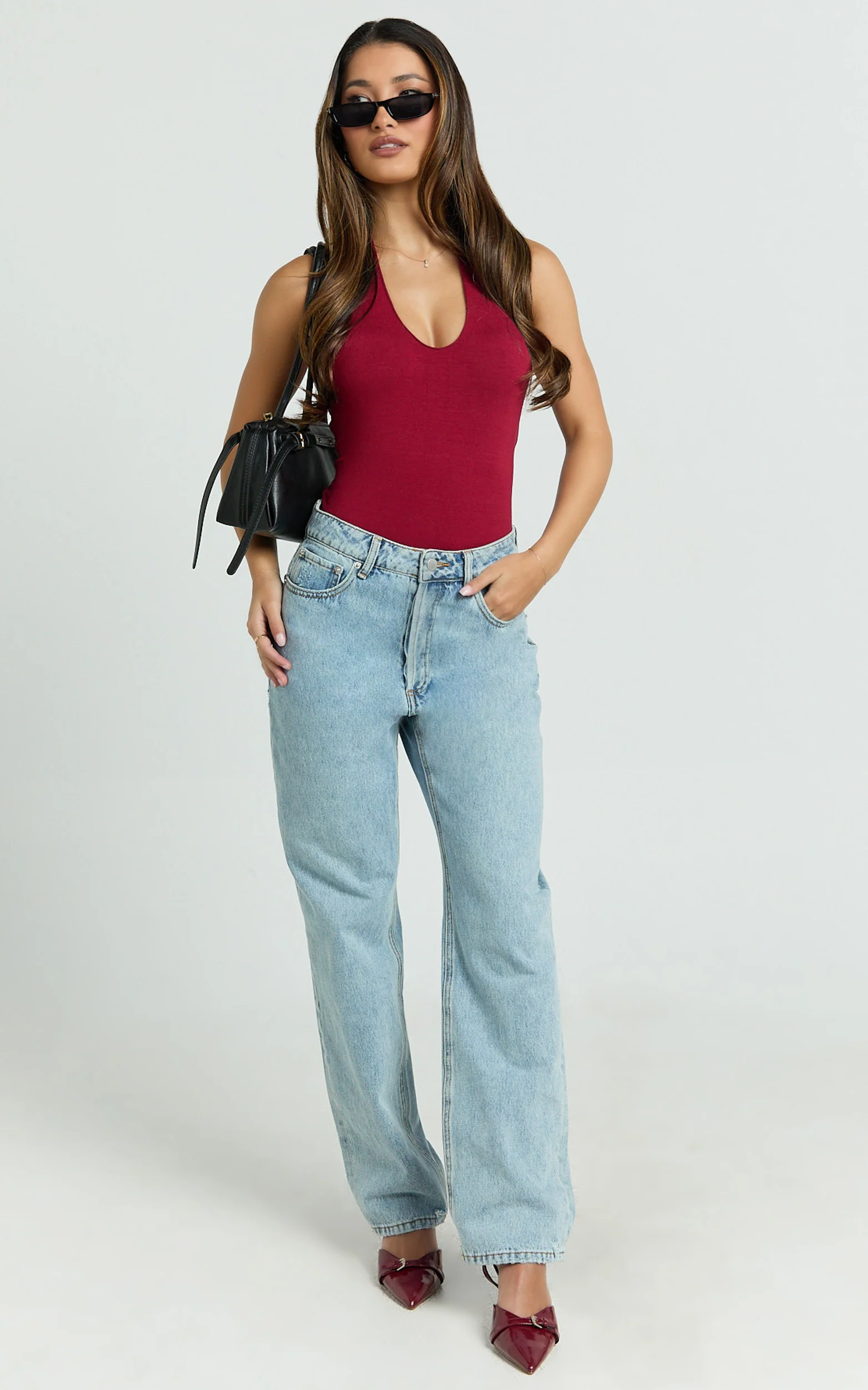 Suzanna Bodysuit - V Neck Halter Bodysuit in Wine