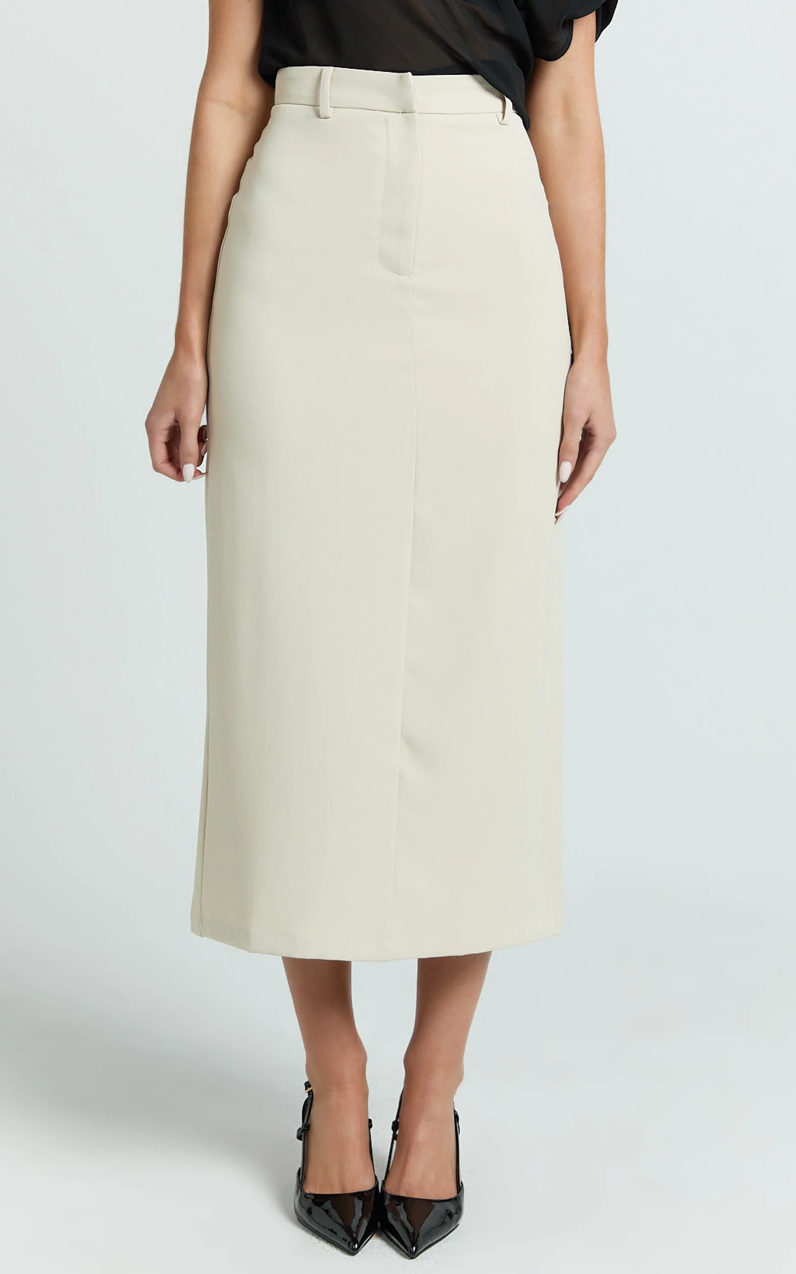 Alanna Midi Skirt - High Waisted Back Split Pencil Skirt in Neutral