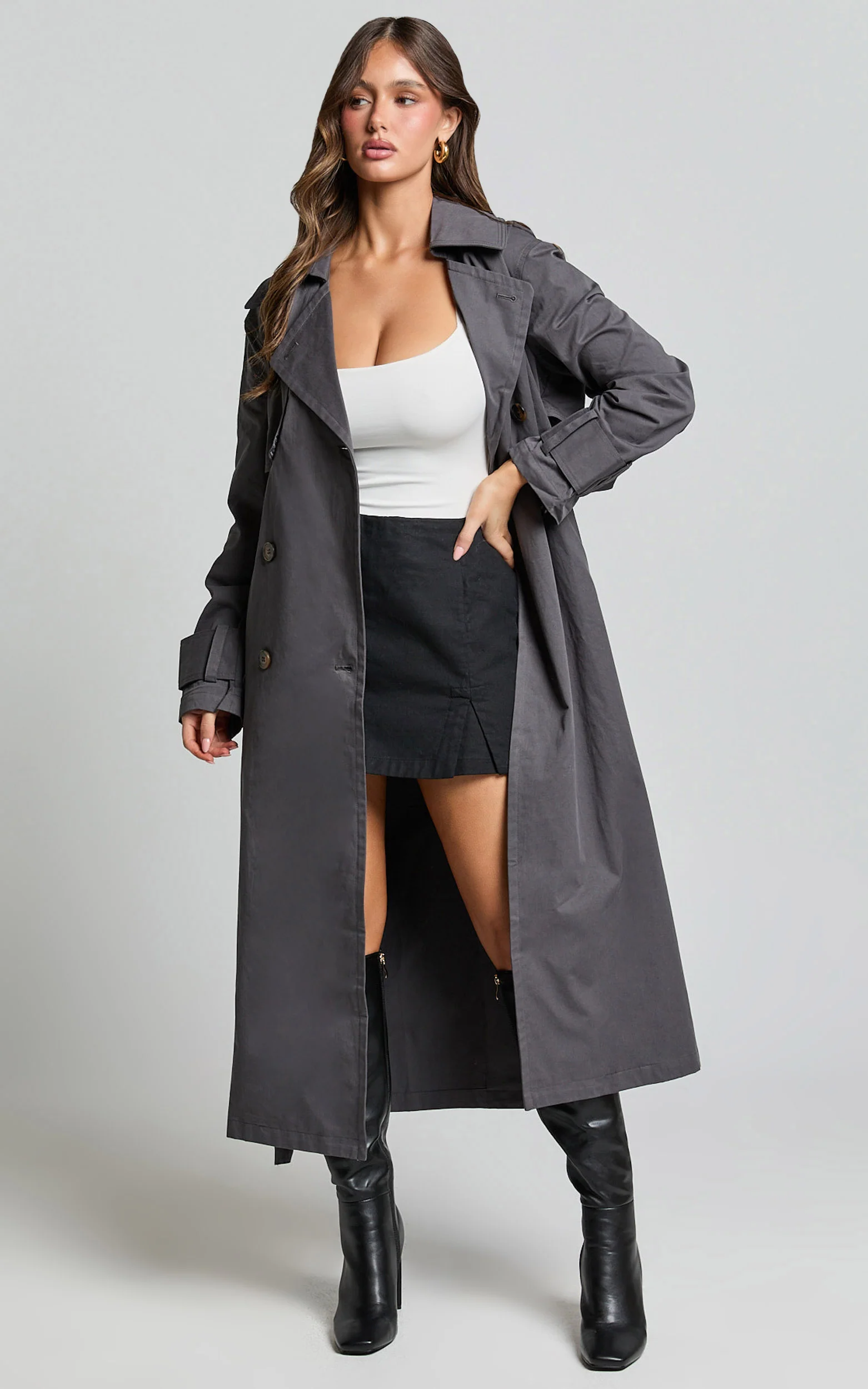 Avah Trench Coat - Double Breasted Tie Waist Coat in Charcoal