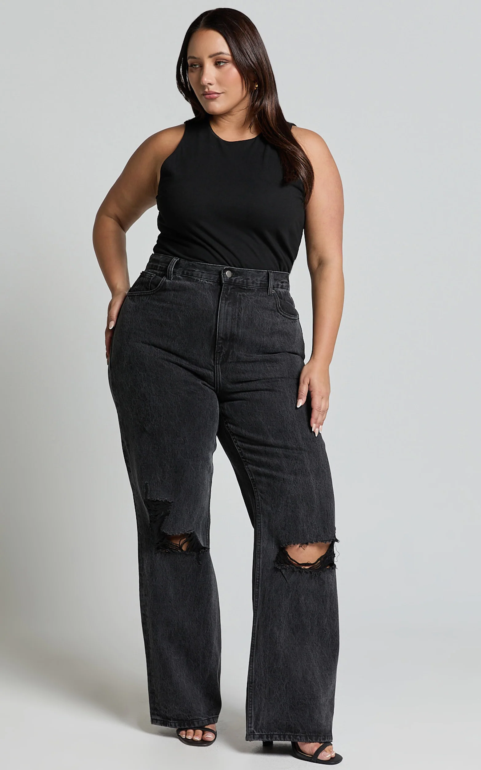 Miho Jeans - High Waisted Recycled Cotton Distressed Straight Leg Denim Jeans in Washed Black