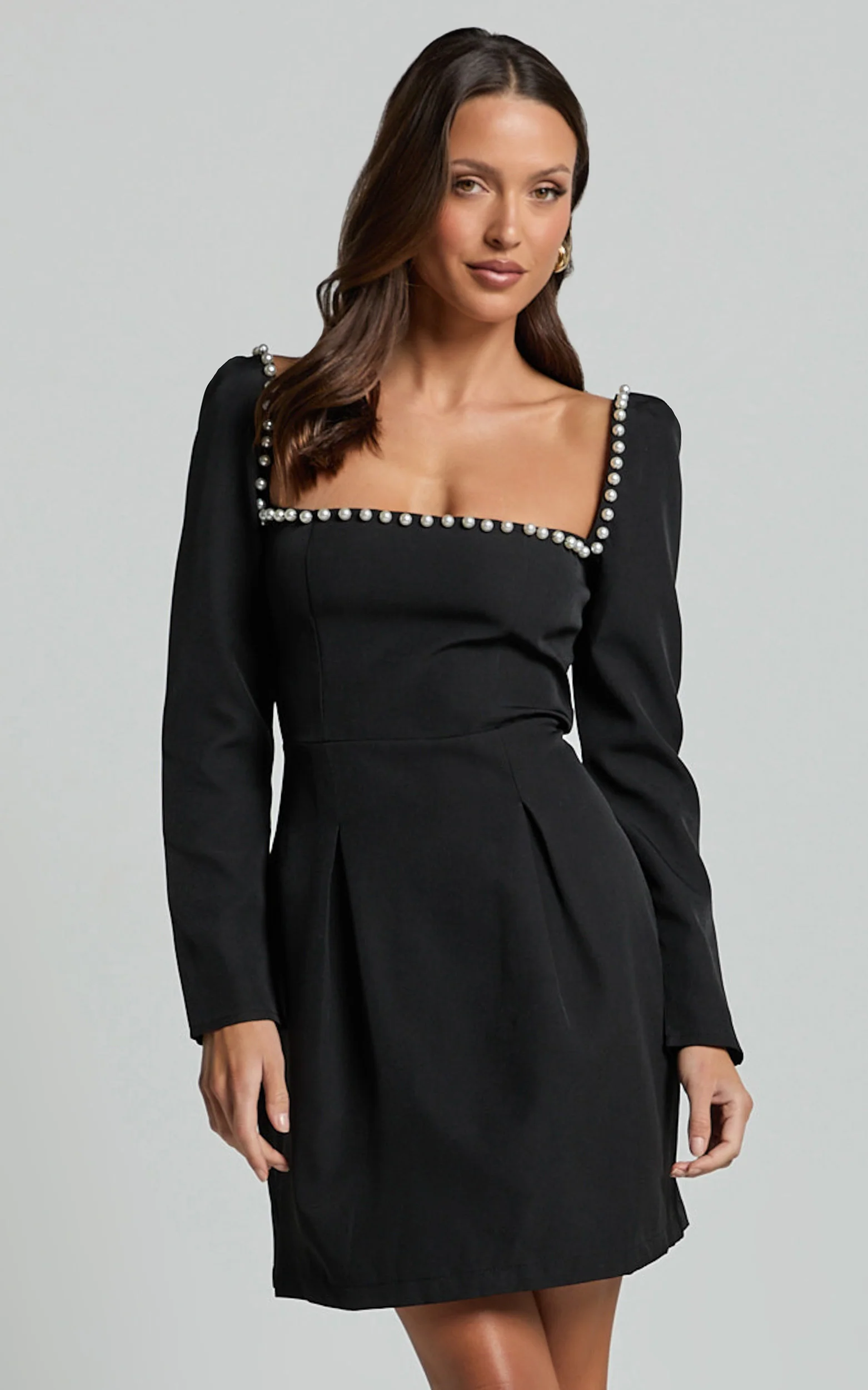 Edelyn Mini Dress - Square Neck Long Sleeve A Line Dress in Black