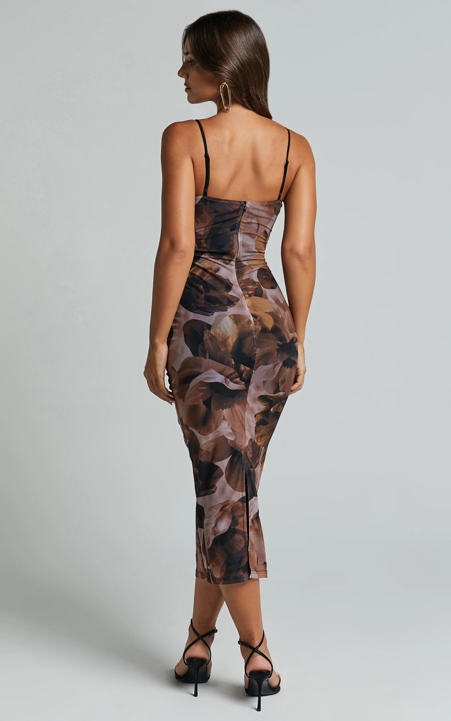 Rosalez Midi Dress - Strappy Ruched Bodycon Dress in Ember Floral