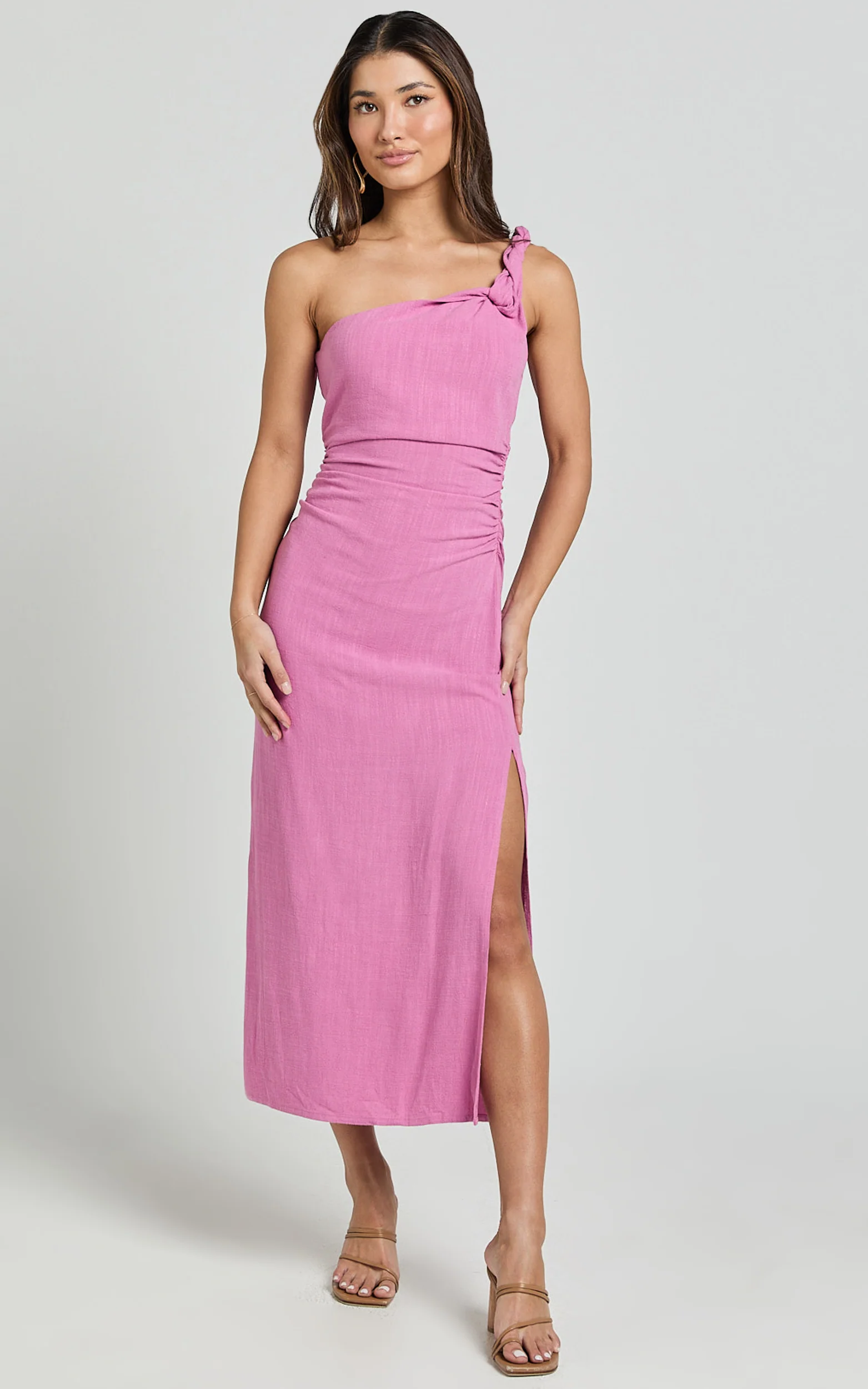 Finley Midi Linen Dress - Linen Feel One Shoulder Ruched Dress in Orchid