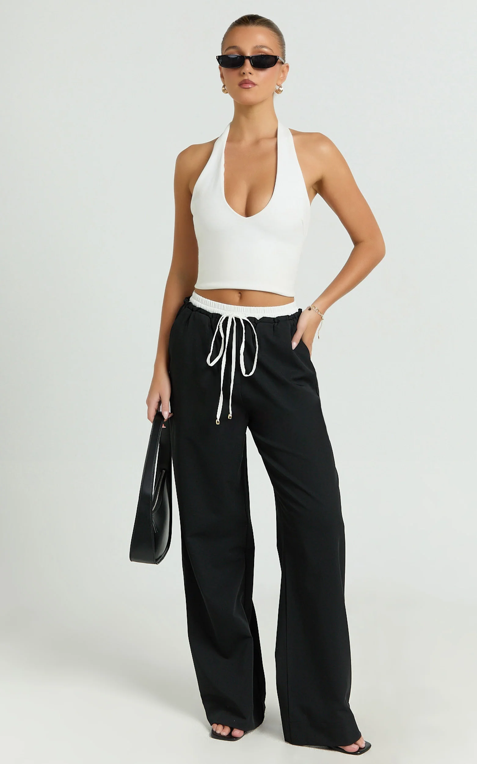 Maliha Pants - Mid Rise Contrast Elasticated Drawstring Wide Leg Tailored Pants in Black