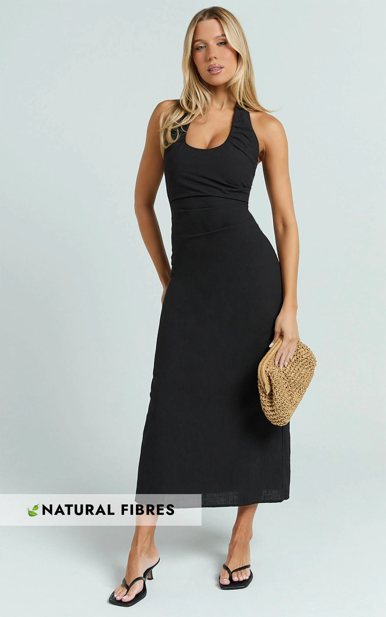 Murray Midi Dress - Deep U Halter Neck Dress in Black