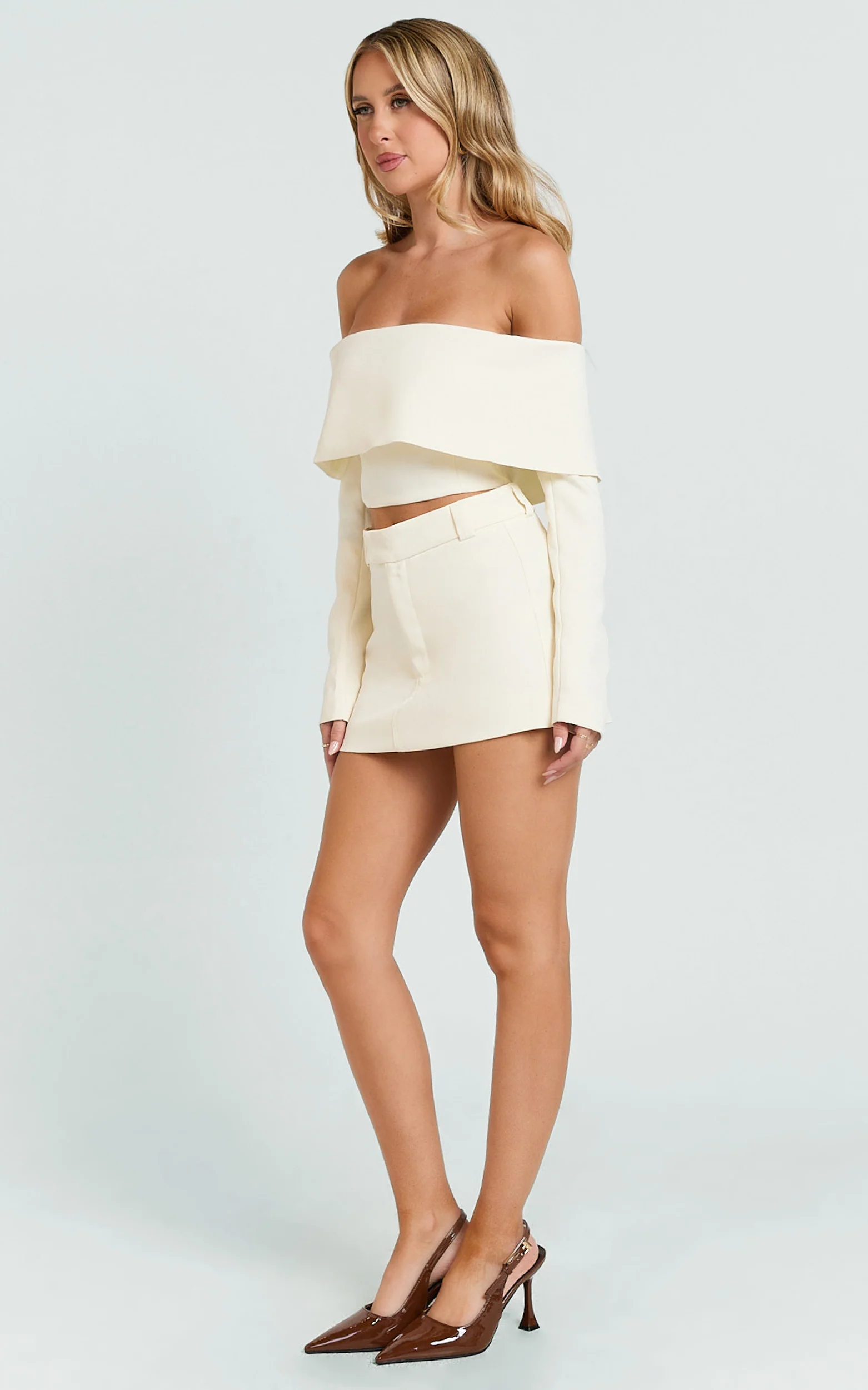 Ursula Top - Long Sleeve Off Shoulder Cropped Top in Cream