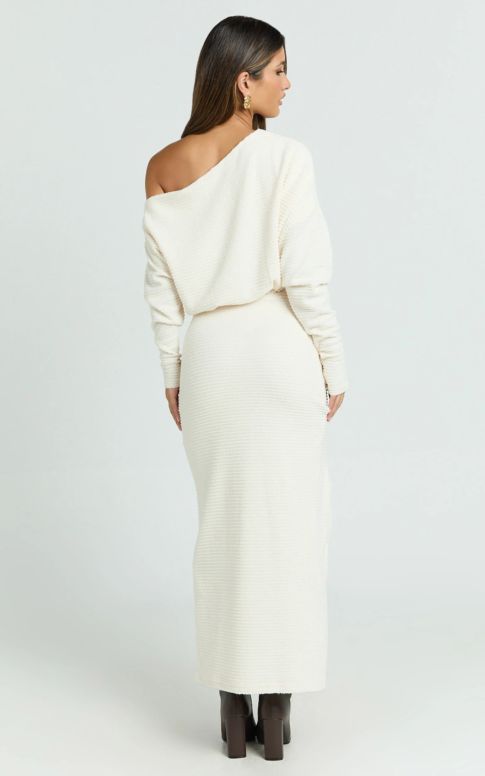 Alyce Midi Dress - Jersey Asymmetric Ruched Bodycon Dress in Off White