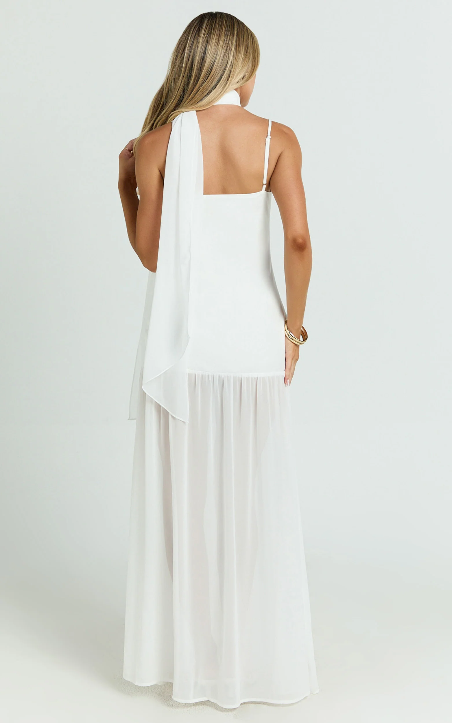 Calvin Maxi Dress - Linen Look Contrast Georgette Skirt with Neck Scarf in White