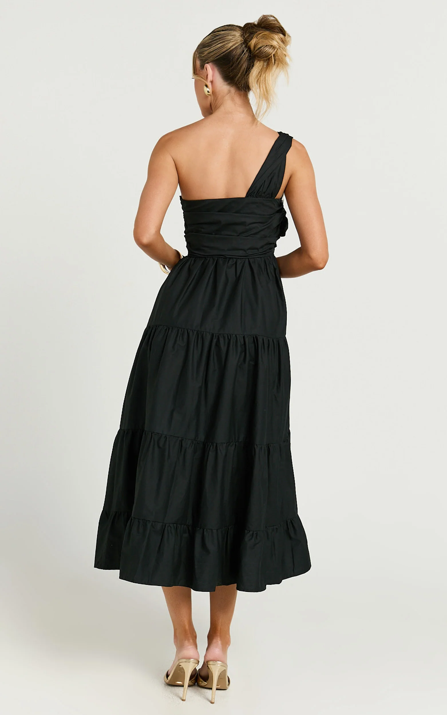 Stephanie Midi Dress - One Shoulder Tiered Midi Dress in Black
