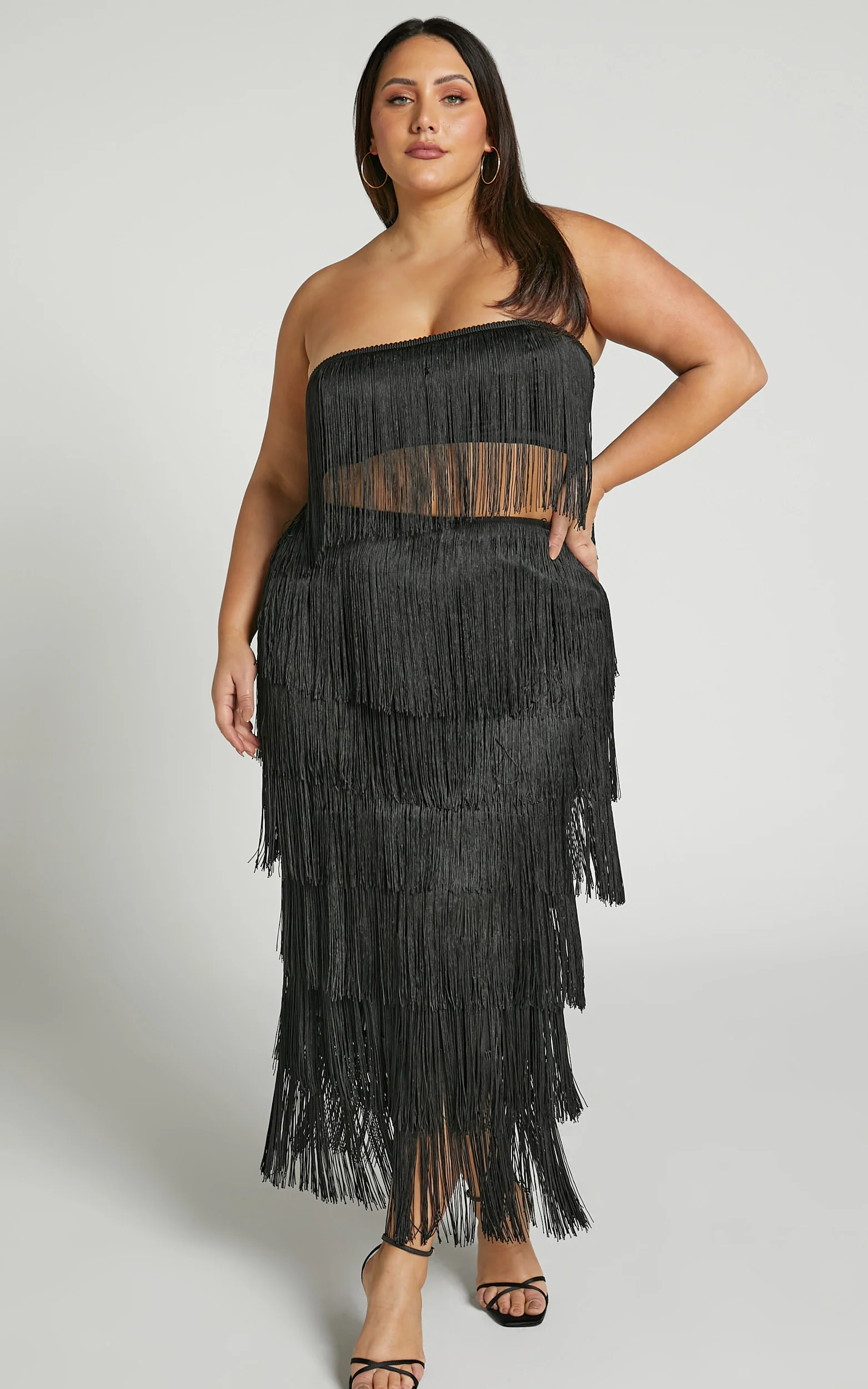 Amalee Two Piece Set - Fringe Strapless Crop Top and Midi Skirt Set in Black