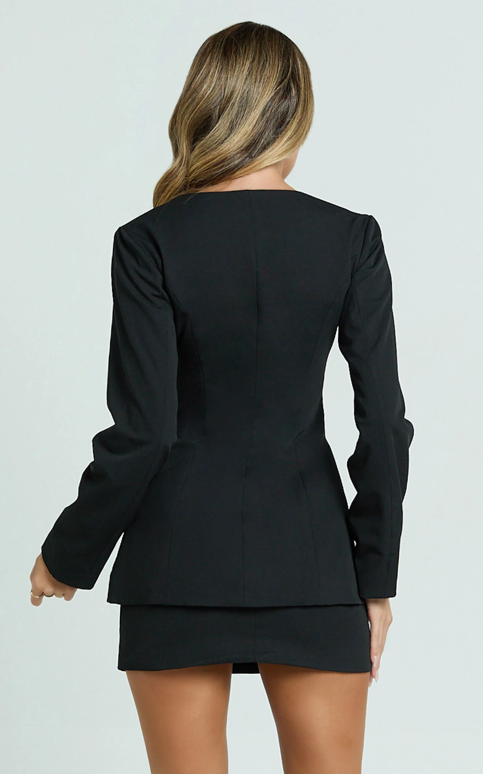 Evie Two Piece Set - Long Sleeve Button Down Tailored Top and Mini Skirt Set in Black