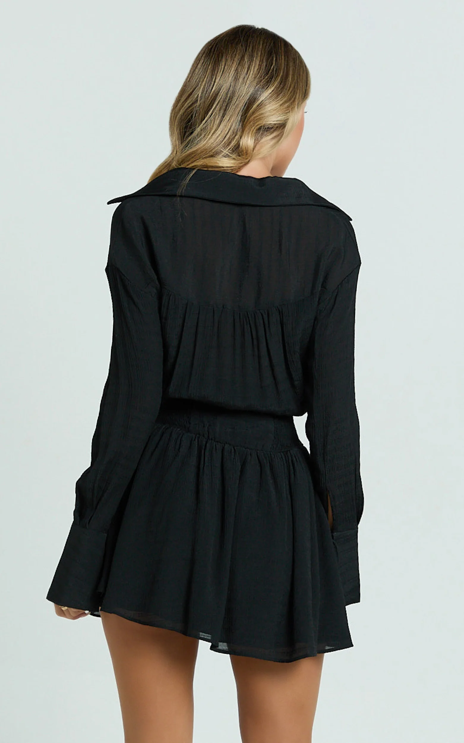 Valerie Mini Dress - Collared Long Sleeve Corset Waist Shirt Dress in Black