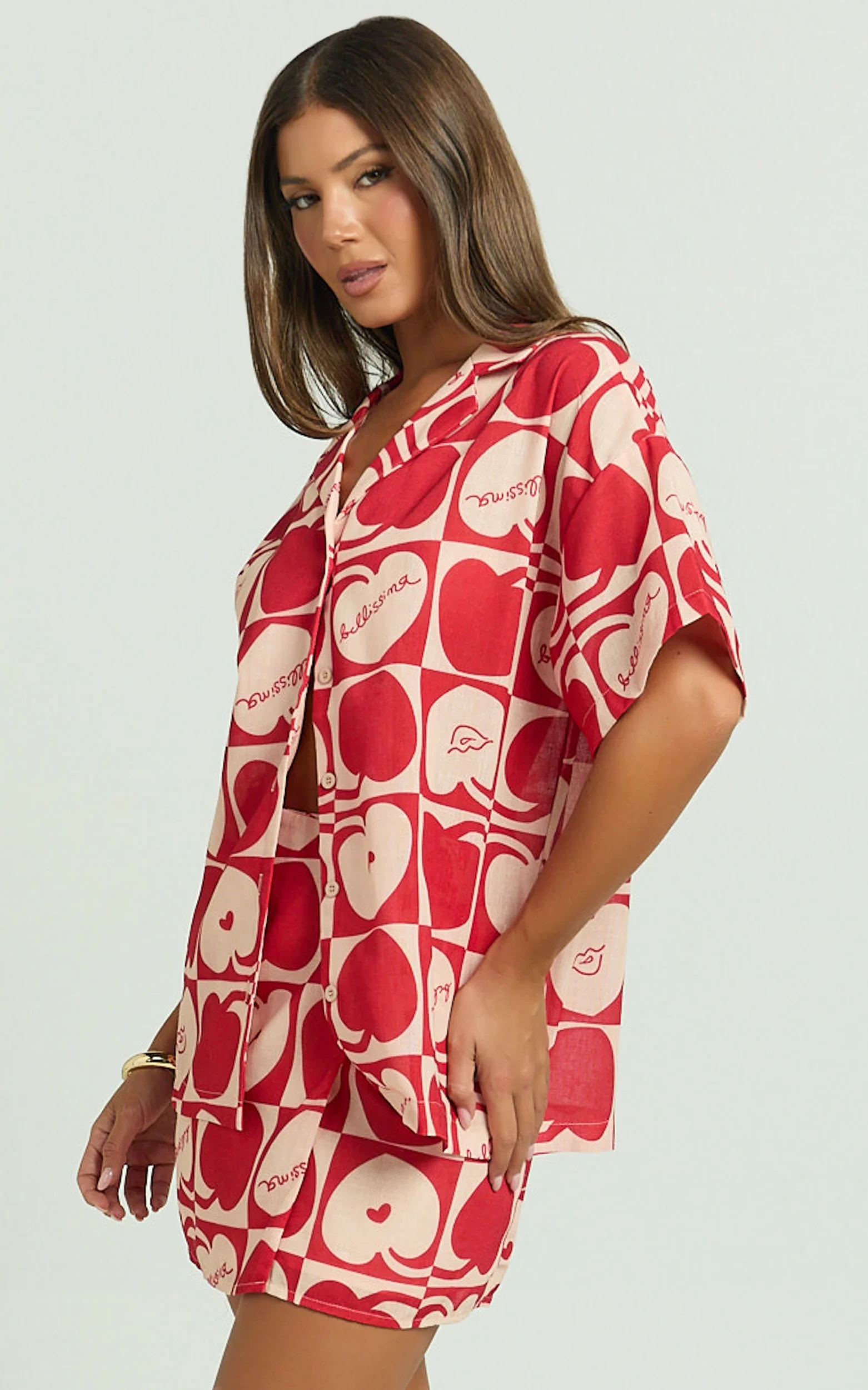 Vangie Shirt - Linen Look Short Sleeve Shirt in Red/Pink
