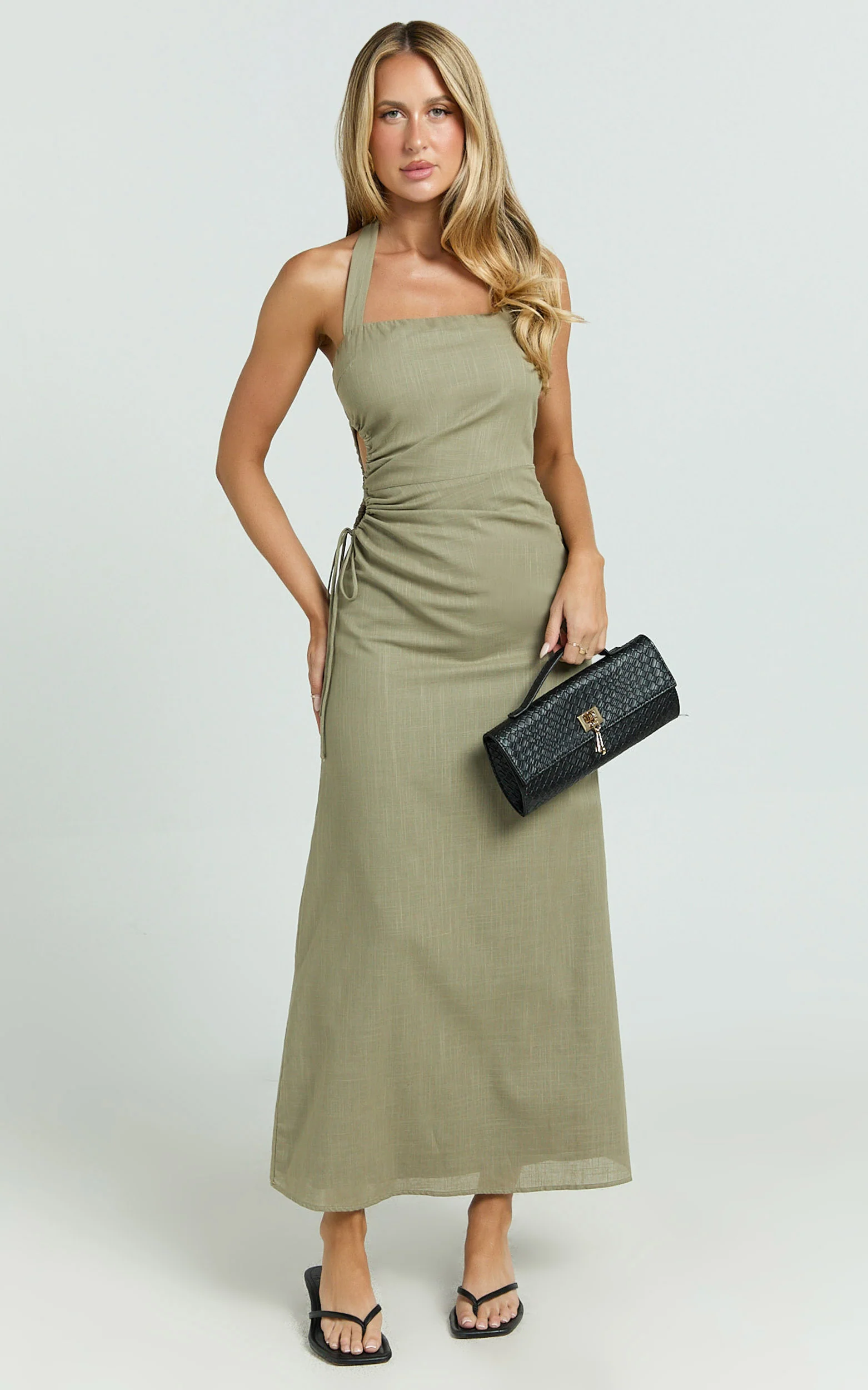 Myra Maxi Dress - Halter Ruched Side Dress in Olive