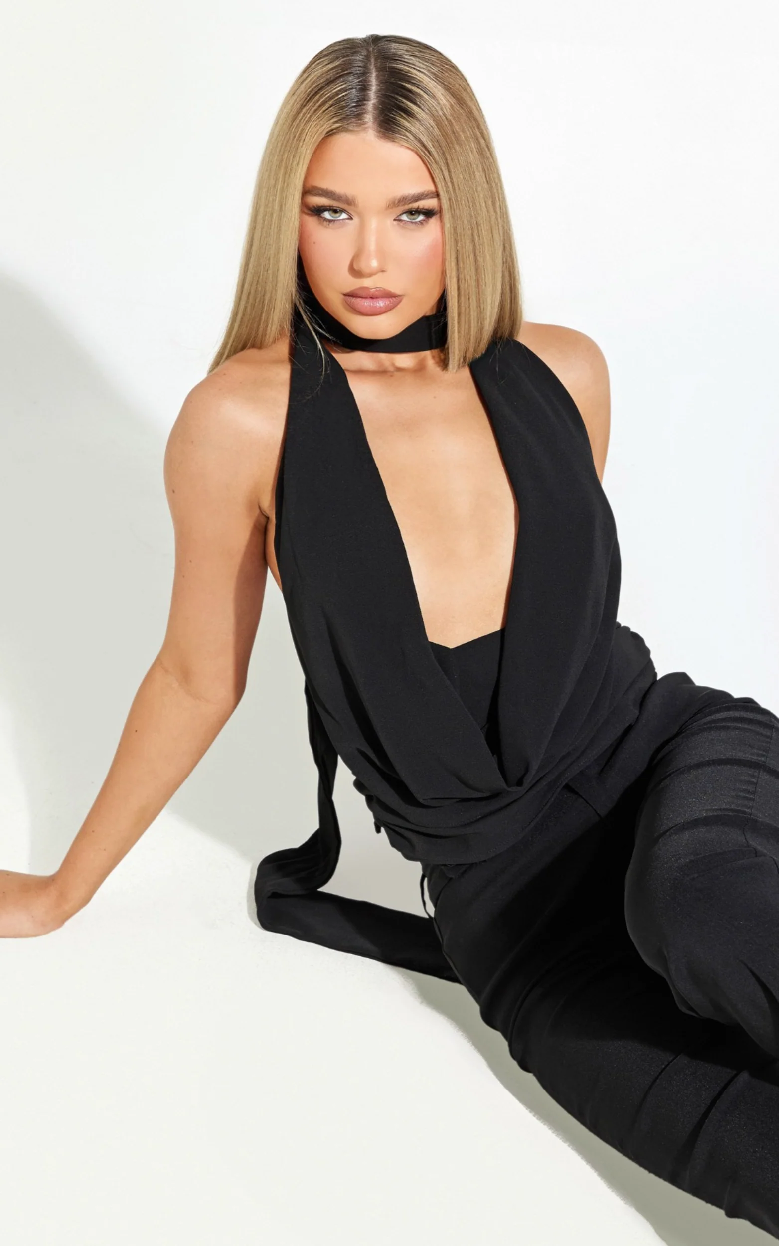 Berlina Top - Halter Neck Cowl Scarf Top in Black