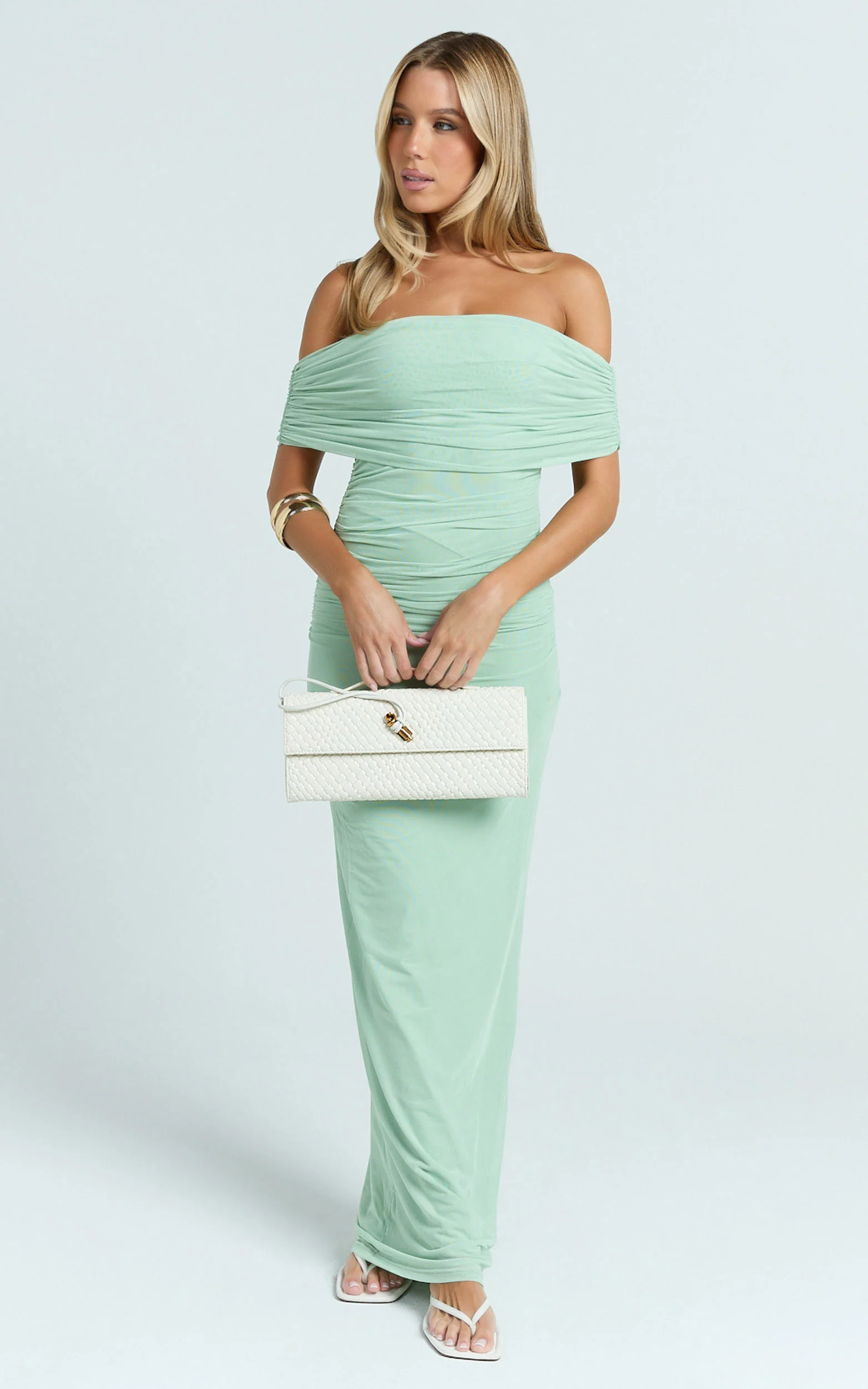 Caterina Maxi - Ruched Off Shoulder Mesh Dress in Sage