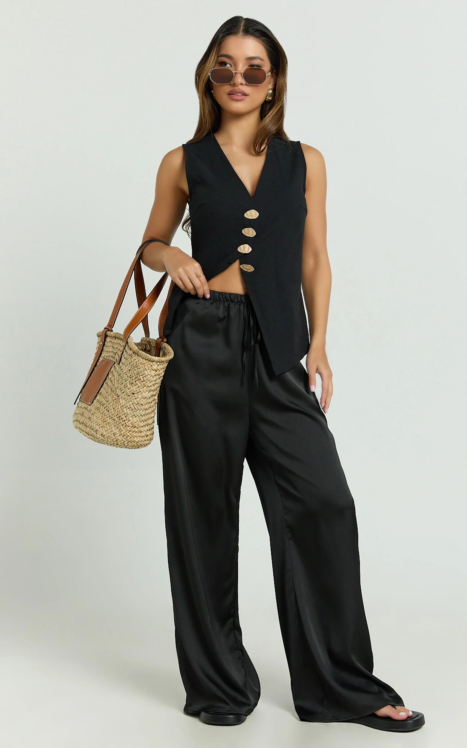 Myrna Two Piece Set - Gold Hardware Waistcoat Top and Relaxed Satin Pants Set in Black