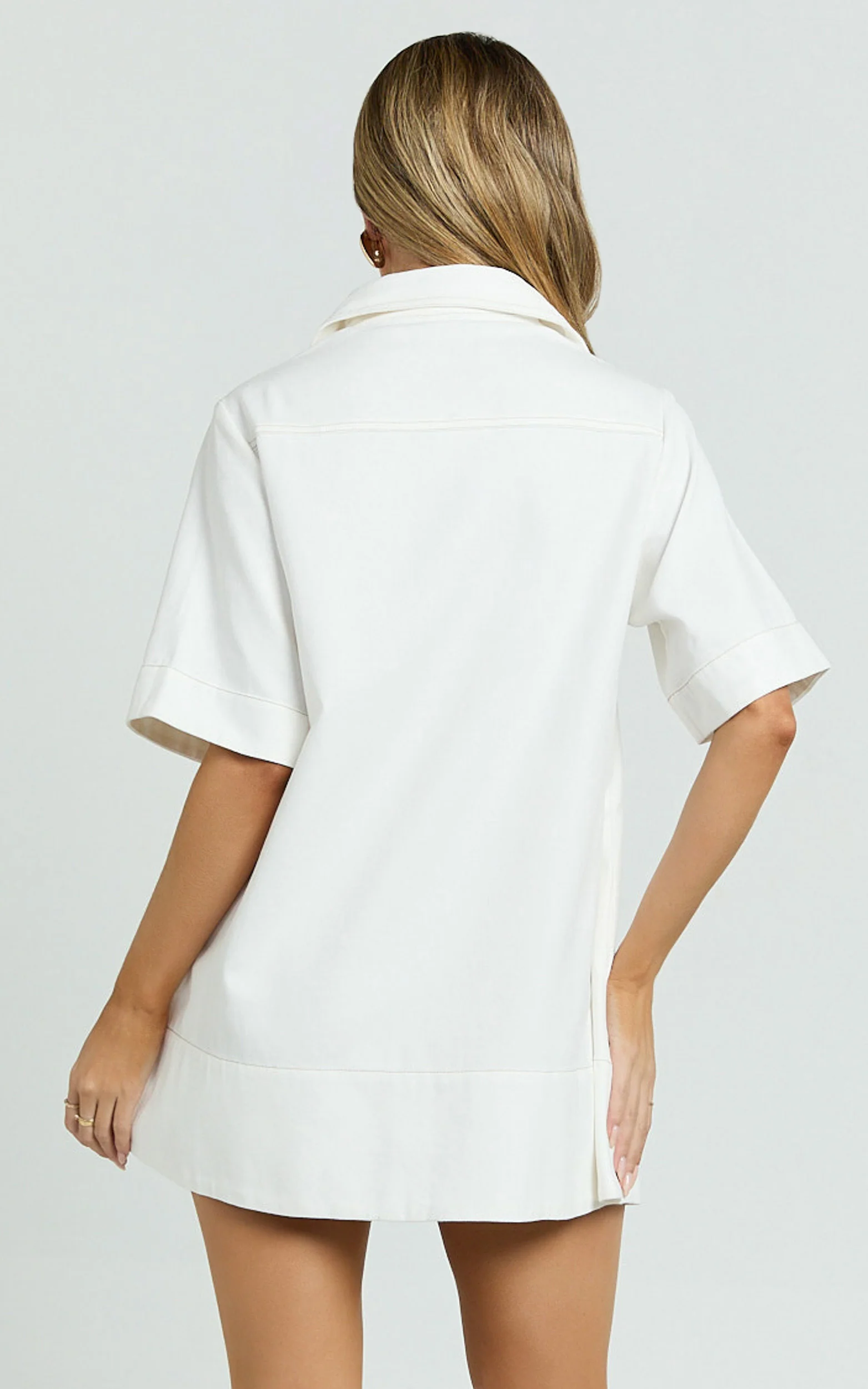 Lynda Mini Dress - Short Sleeve Collared Patch Pocket Shift Dress in Off White