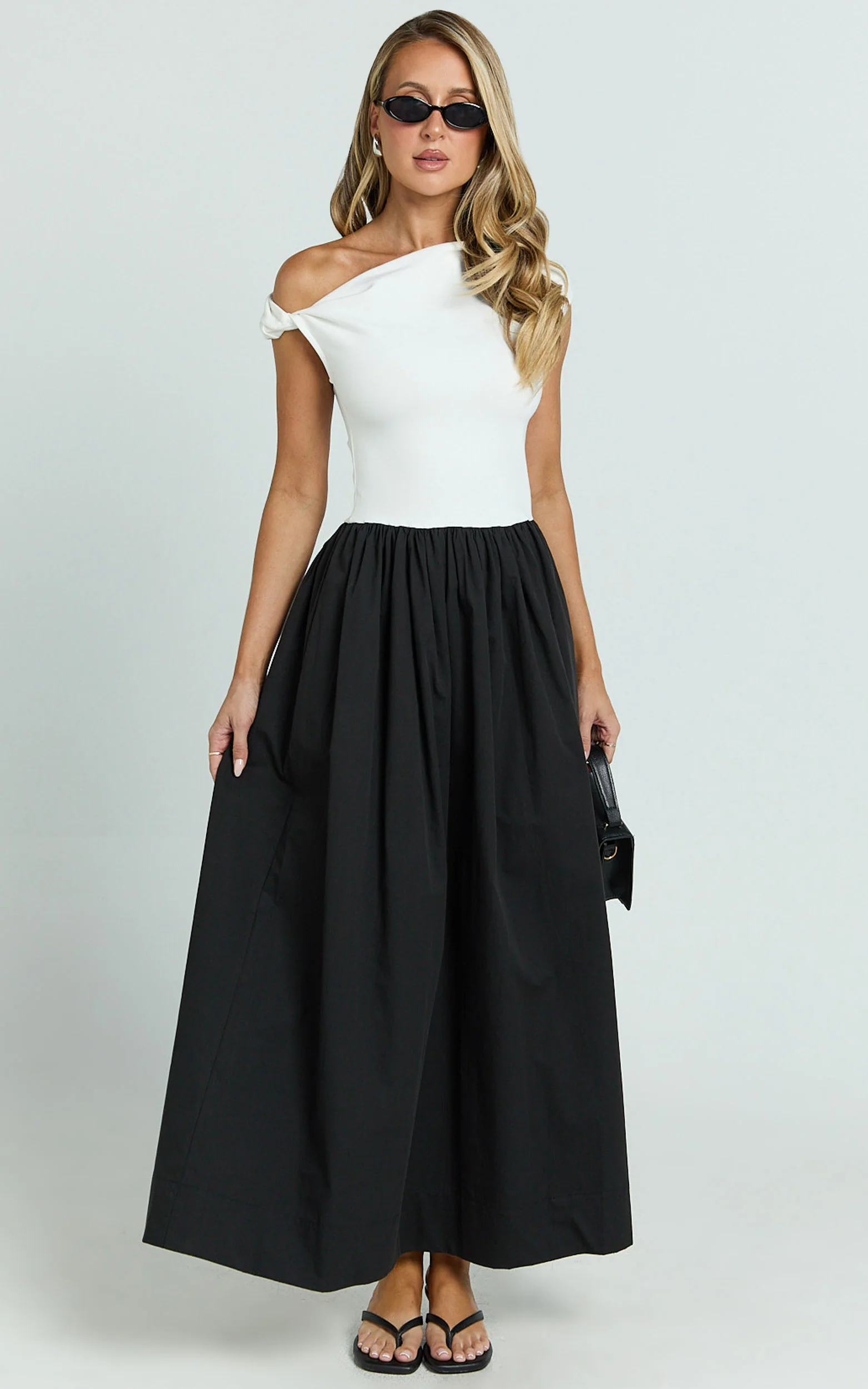 Jhamie Midi Dress - One Shoulder Contrast Skirt Dress in White/Black