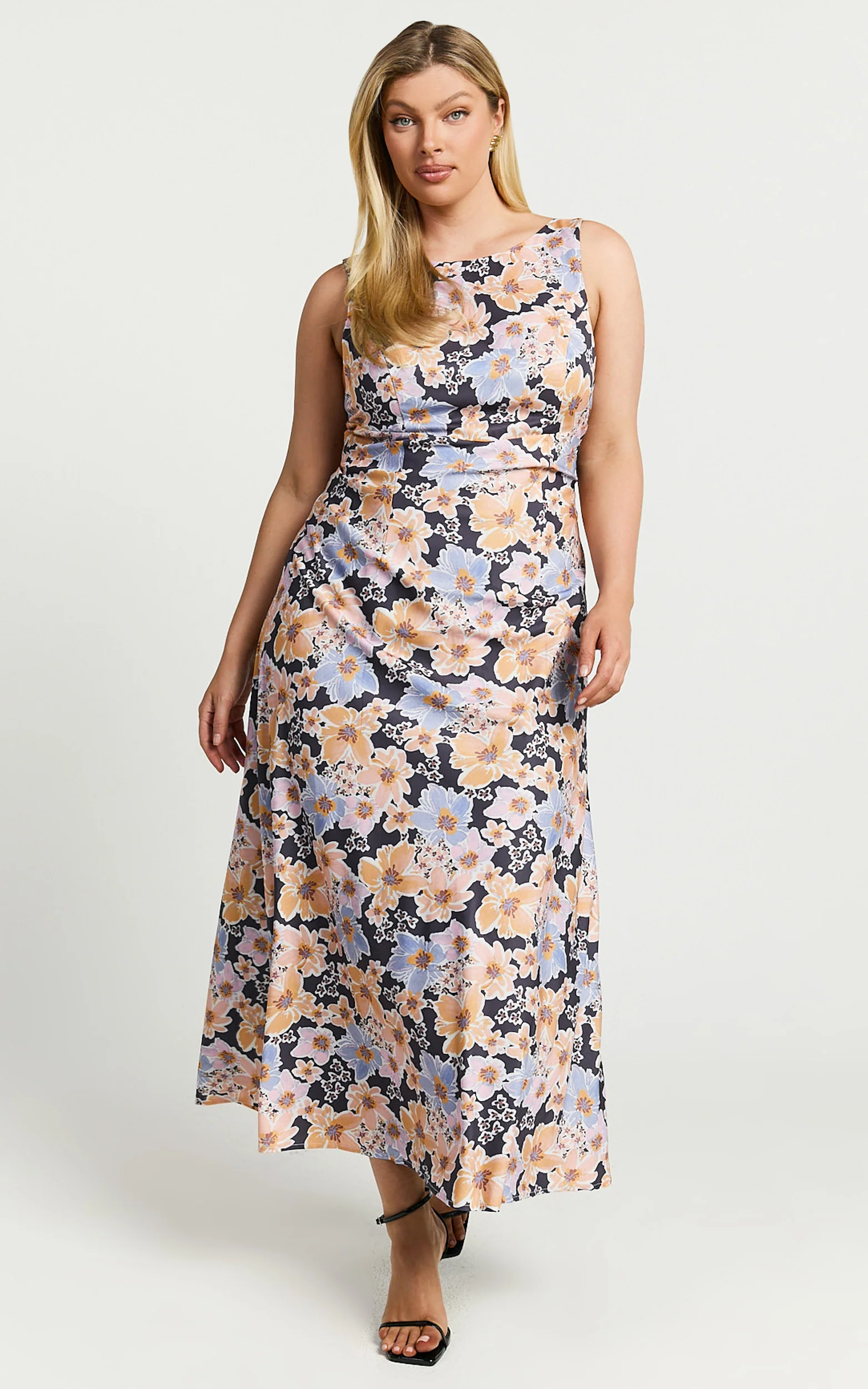 Jenibelle Midi Dress - Boat Neck Open Back Sleeveless Bias Cut Slip Dress in Mellow Floral