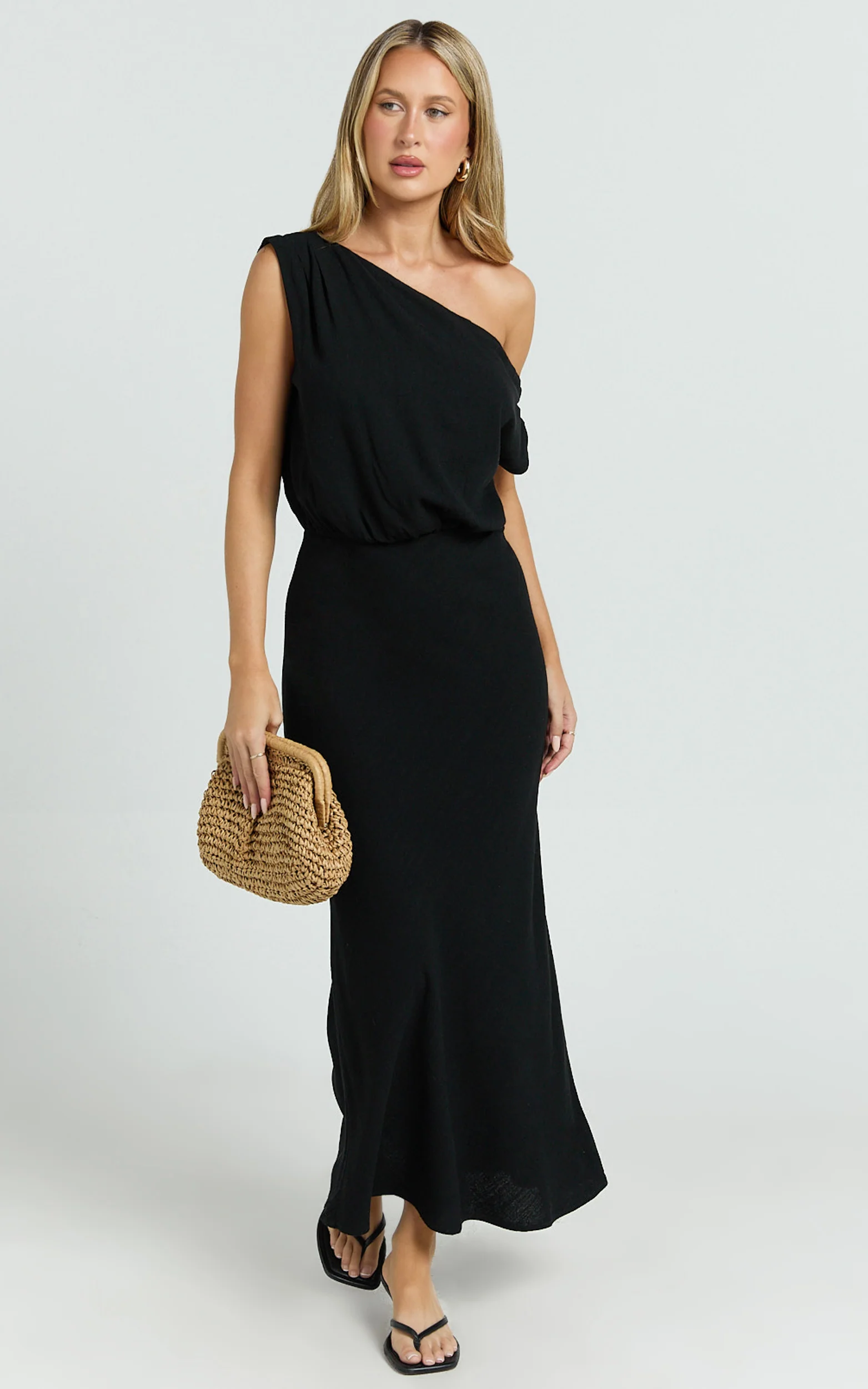 Jacqueline Midi Dress - Linen One Shoulder Dress in Black