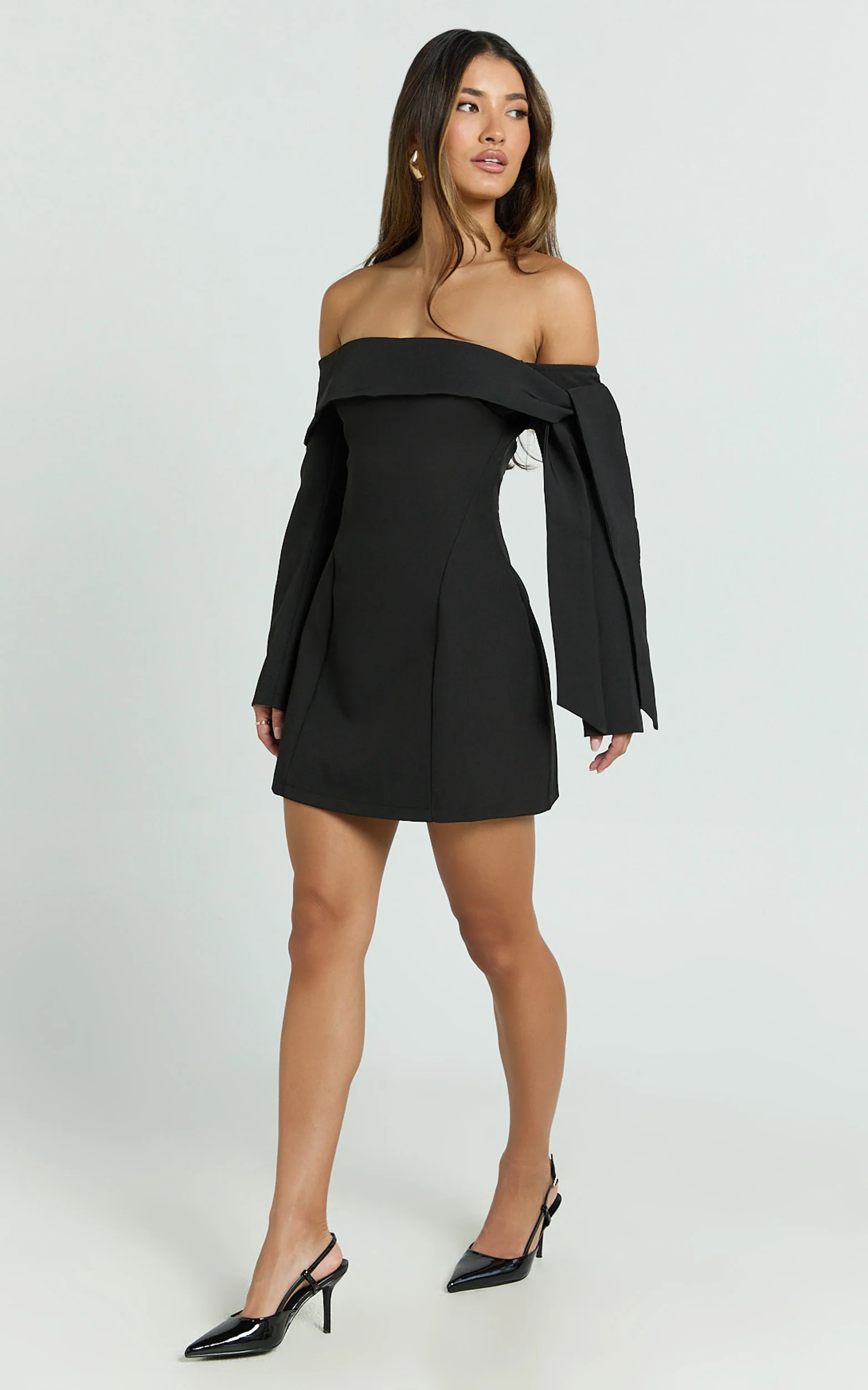 Eljay Mini Dress - Long Sleeve Off Shoulder Knot Detail Dress in Black