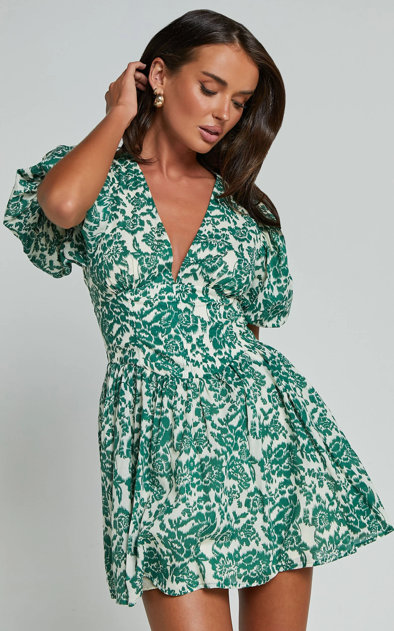 Nelli Mini Dress - Short Puff Sleeve Shirred Back Dress in Green Silhouette