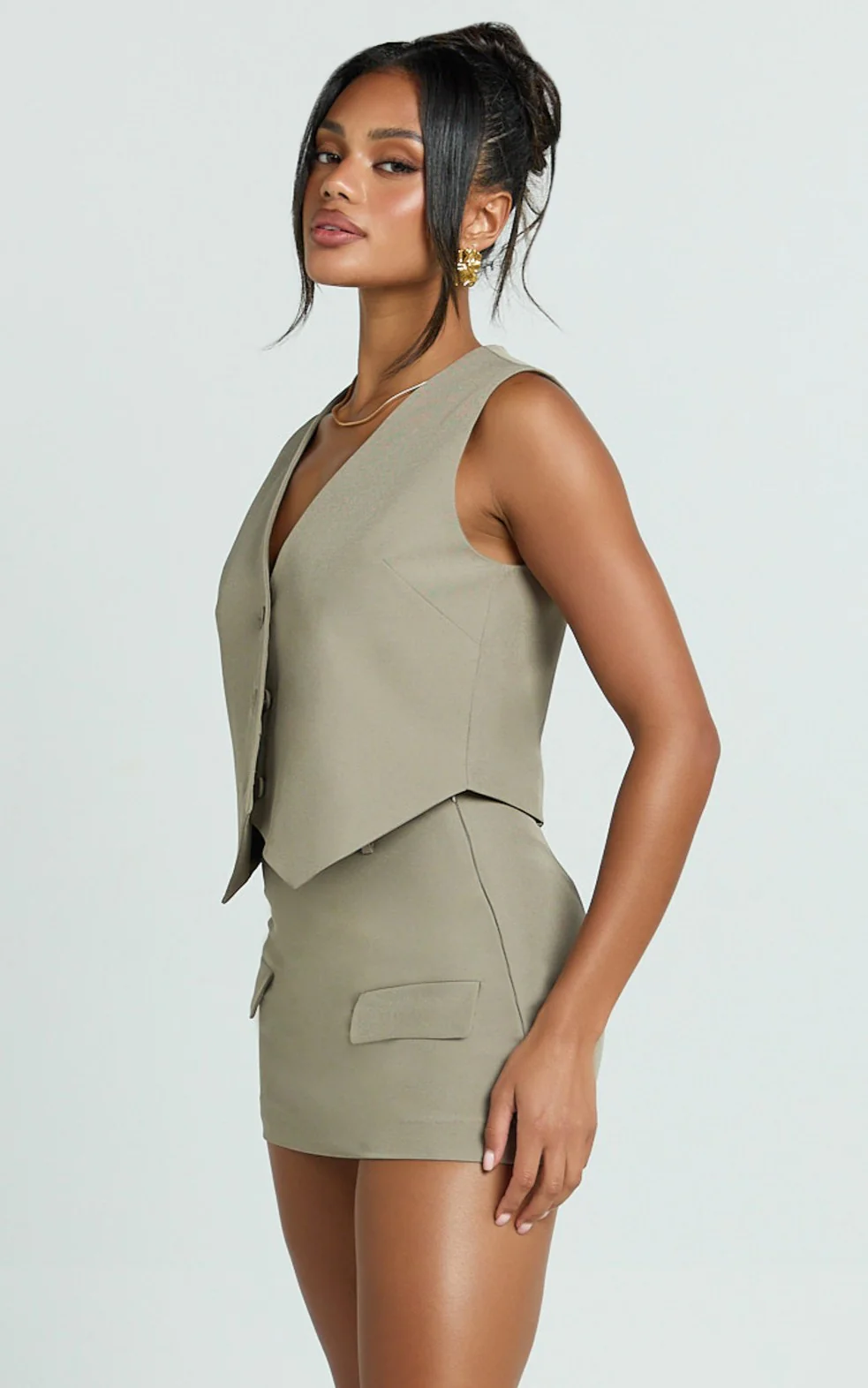 Melinda Top - Recycled Tailored Button Through Vest Top in Light Olive