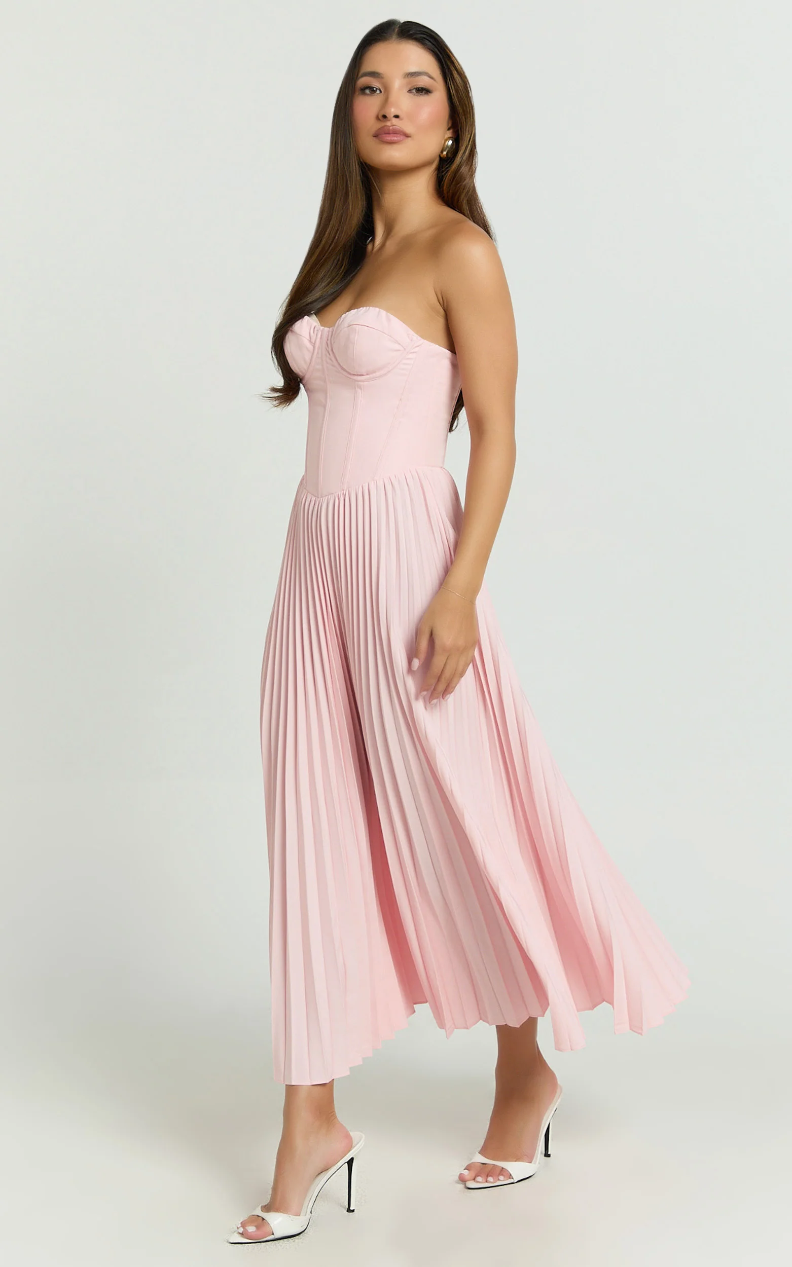 Loretta Midi Dress - Lace Up Back Bustier Pleated Dress in Soft Pink