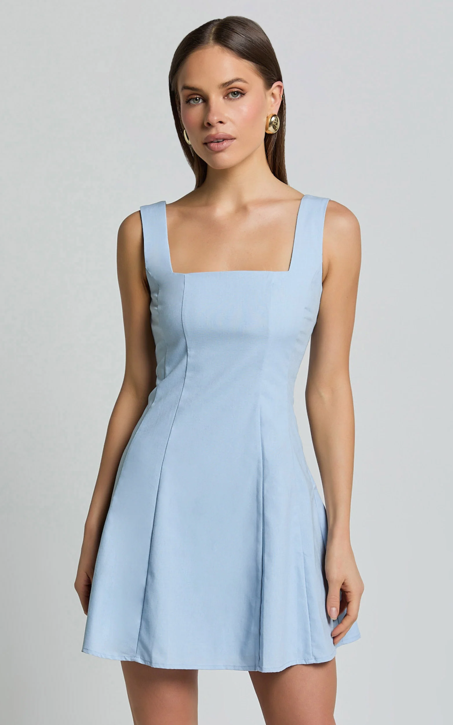 Adiana Mini Dress - Linen Square Neck Shirred Back A Line Dress in Pale Blue
