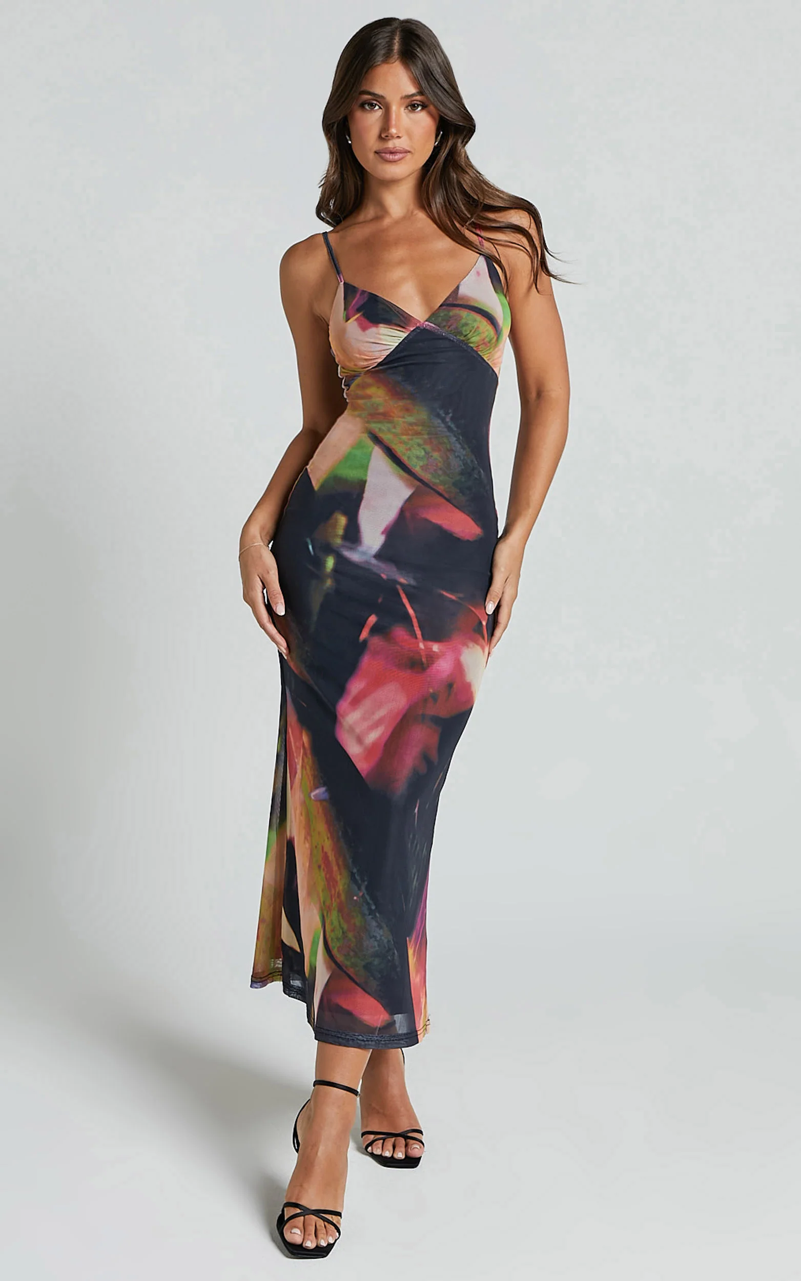 Rashida Midi Dress - V Neck Mesh Printed Dress in Floral Blur