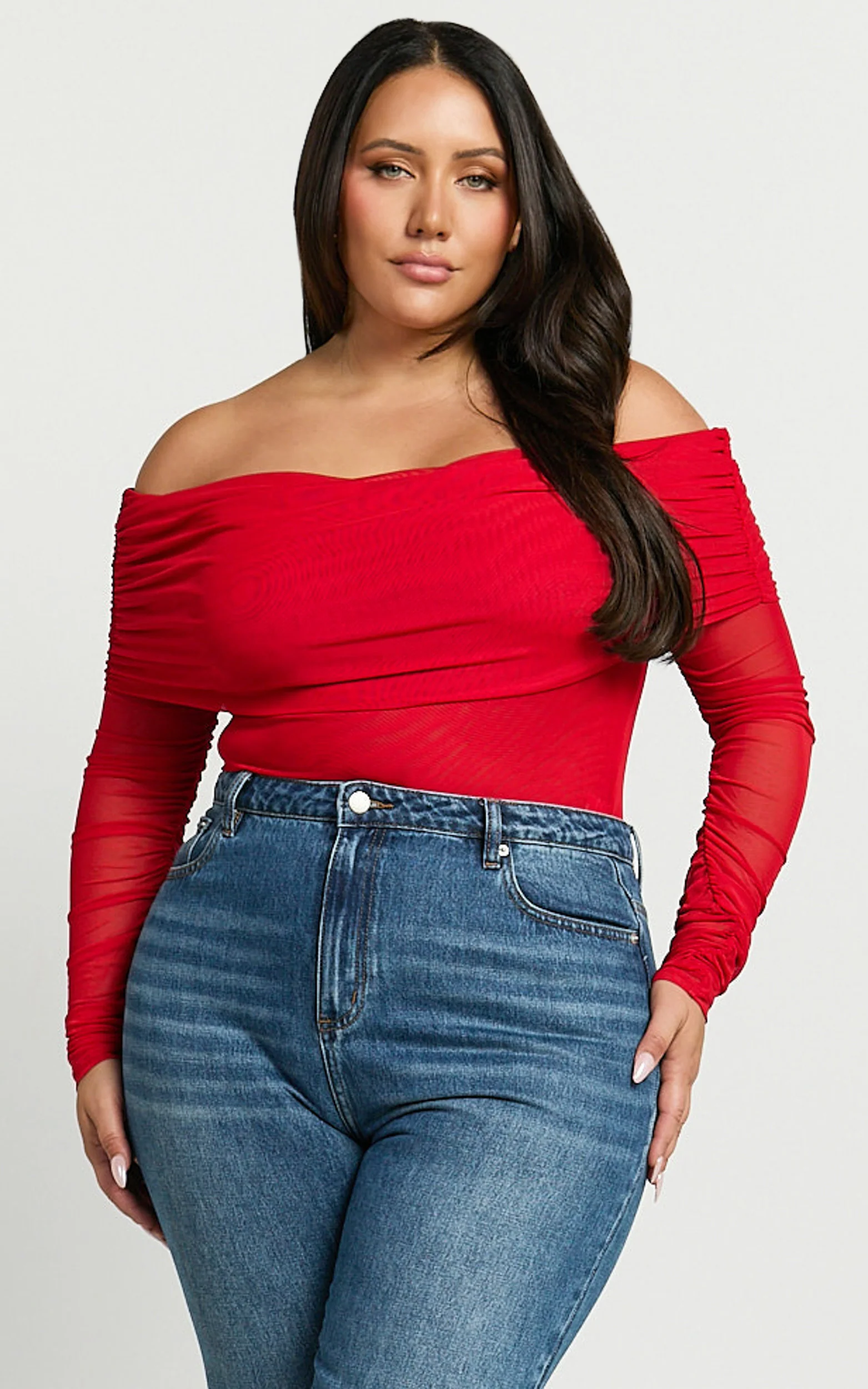 Jaythen Bodysuit - Long Sleeve Off Shoulder Ruched Mesh Bodysuit in Red