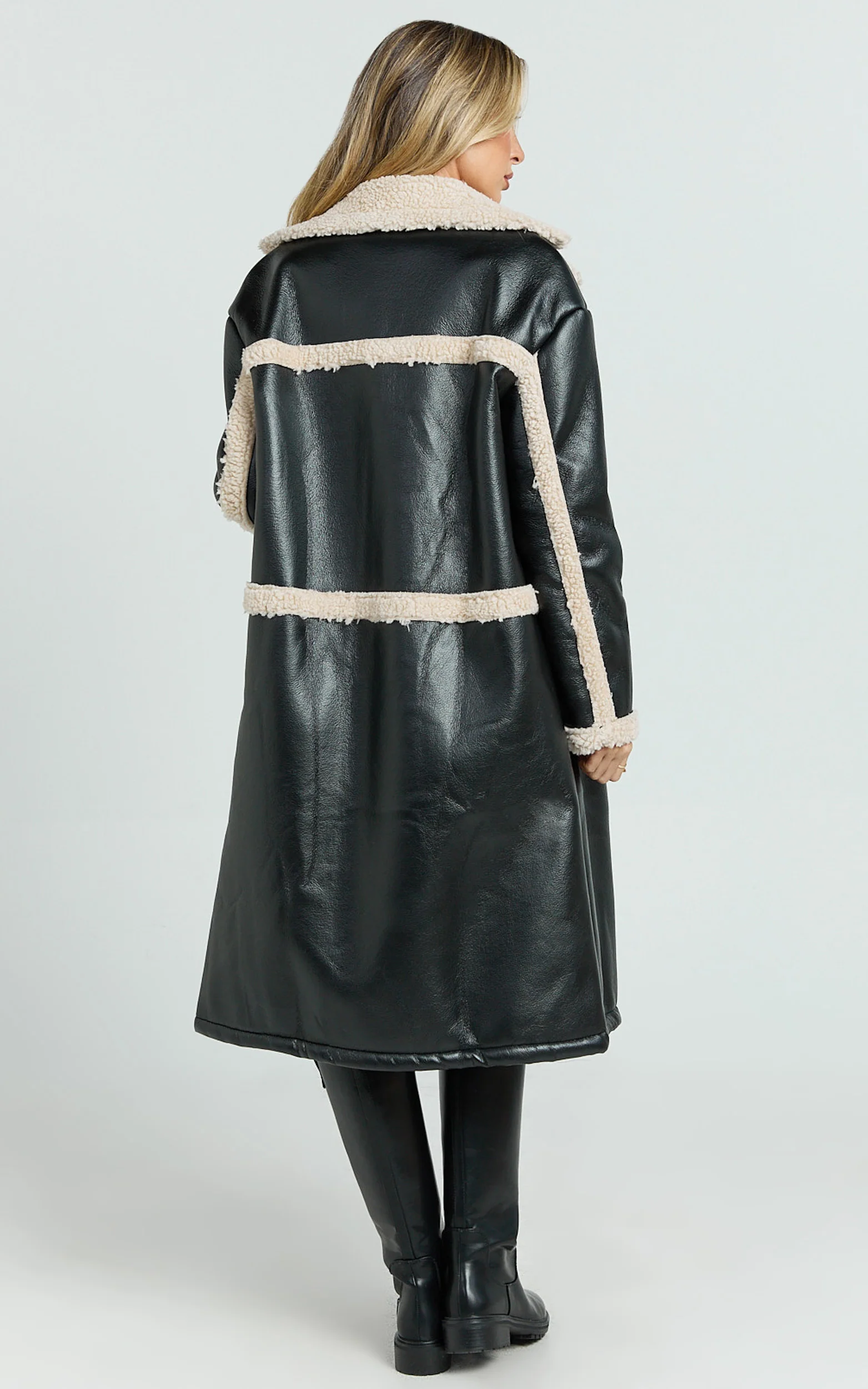 Jan Coat - Longline Faux Shearling Aviator Coat in Black