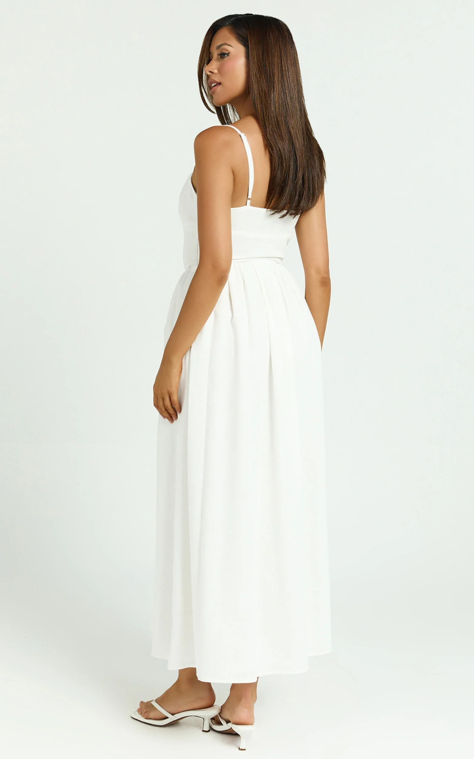 Morris Midi Dress - Linen Scoop Neck Gathered Dress in Off White