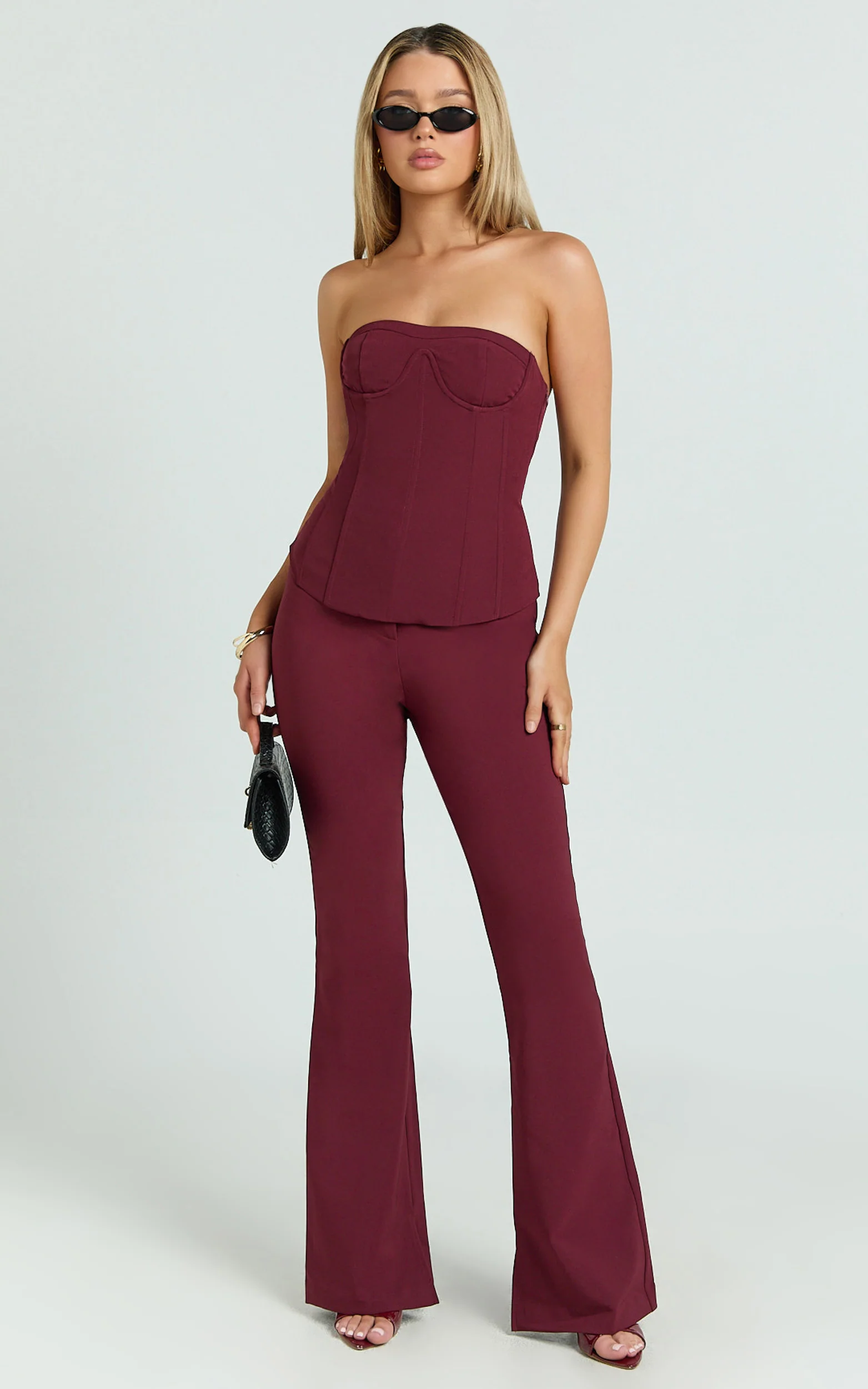 Irene Pants - Mid Rise Split Hem Bootleg Pants in Wine